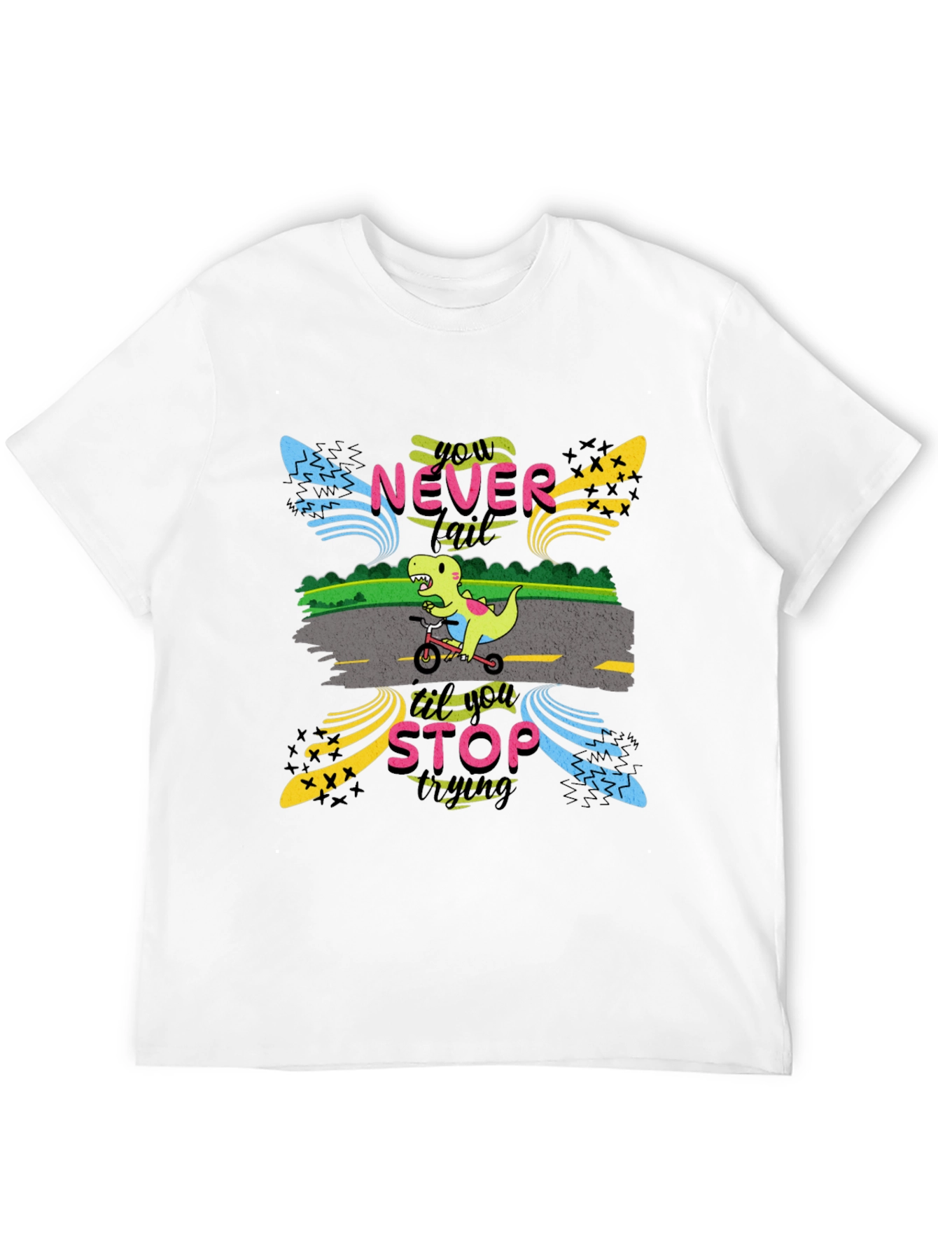 Black Never Stop Trying T-Shirt: Dino on Bike view 12