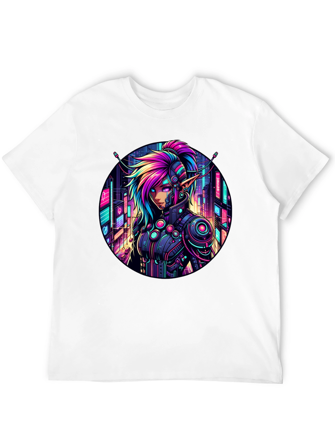 Black Cyberpunk Elf T-Shirt: Neon Cityscape Graphic Tee view 12