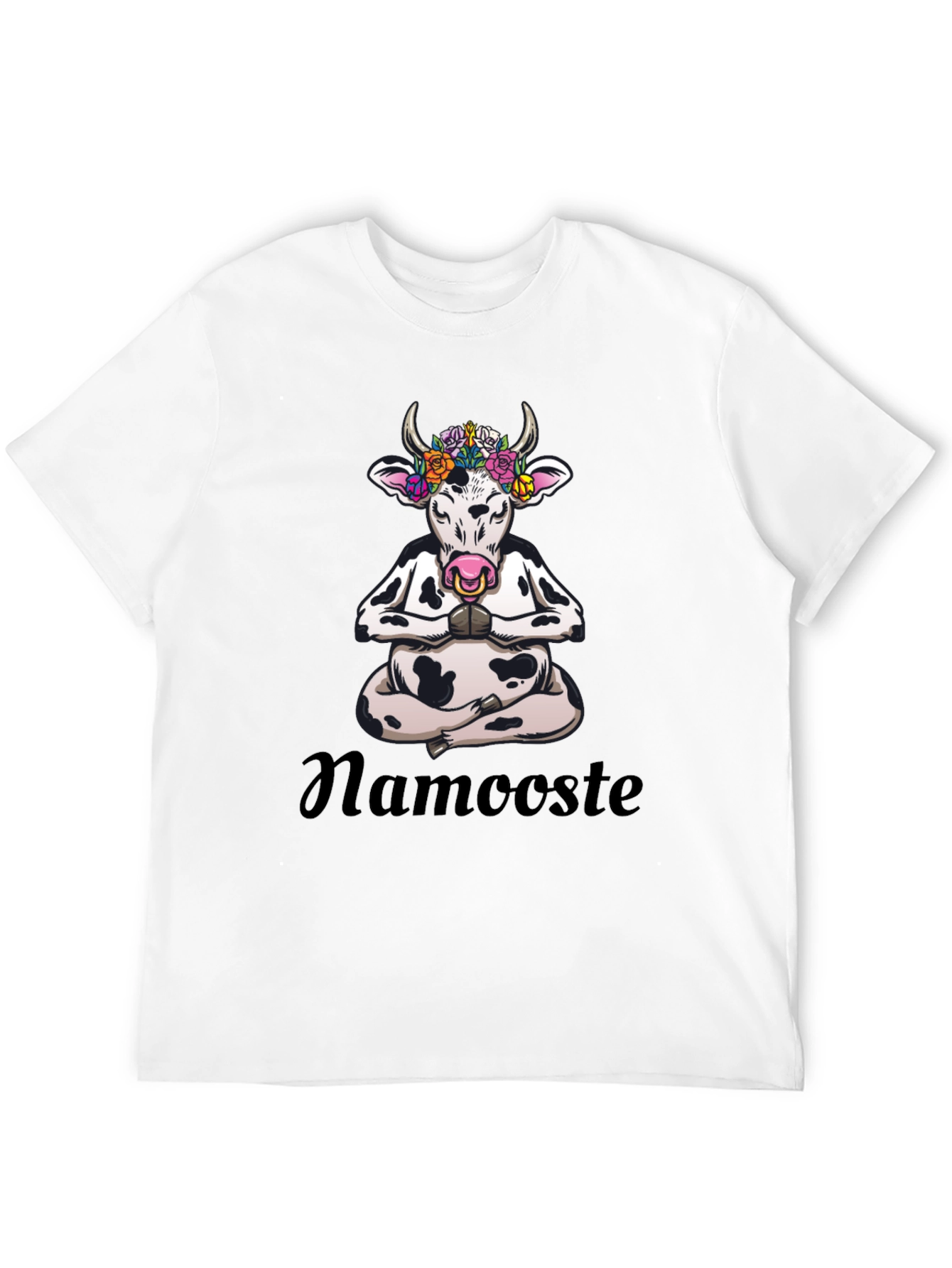 Black Namaste Cow T-Shirt: Meditating Cow with Flowers view 12