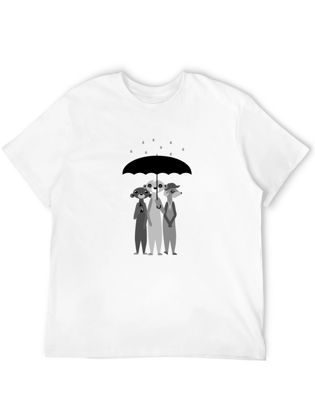 Black Rainy Day Pals T-Shirt: Cartoon Meerkat Design view 12