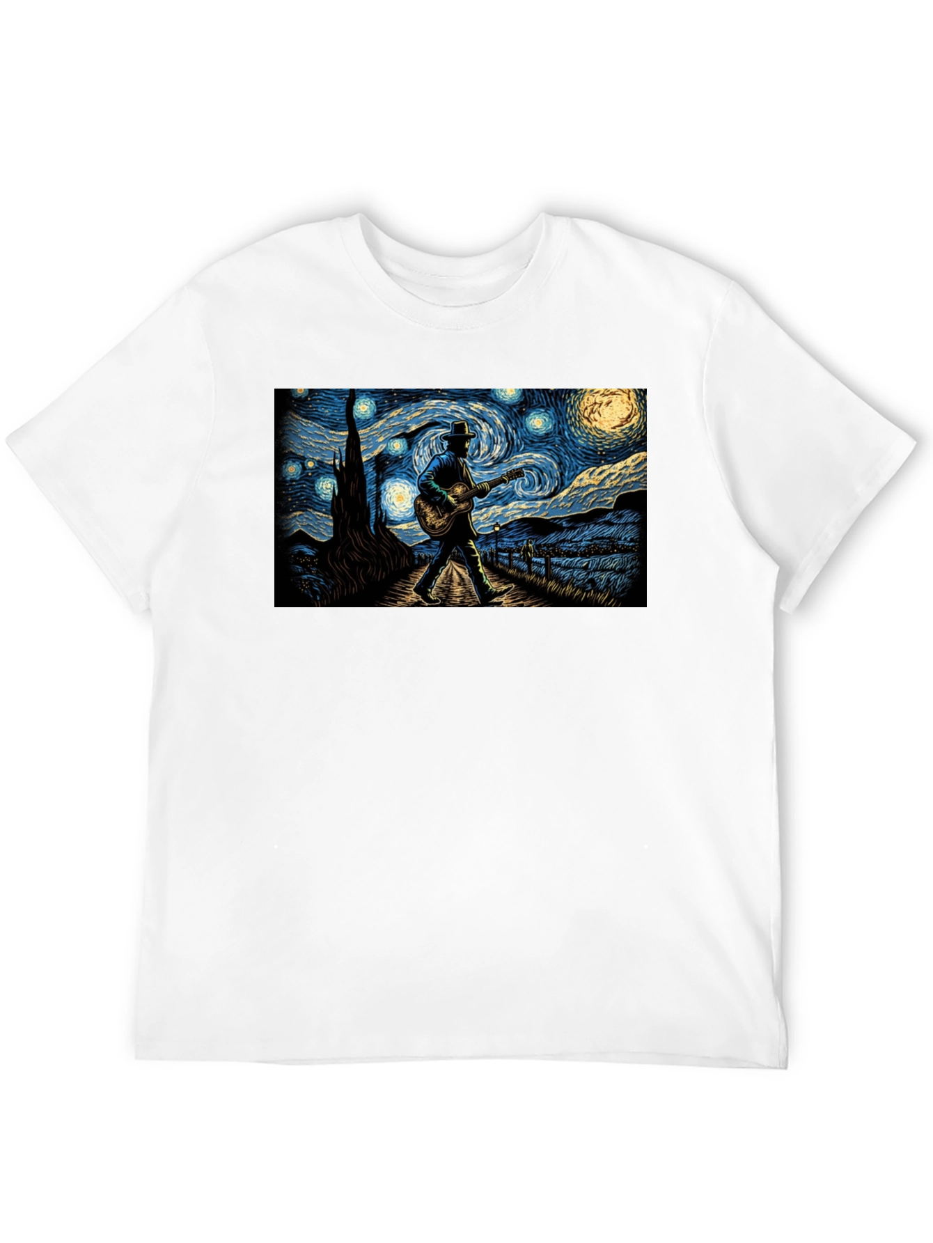 Black Starry Night Guitar Player Graphic Tee view 12