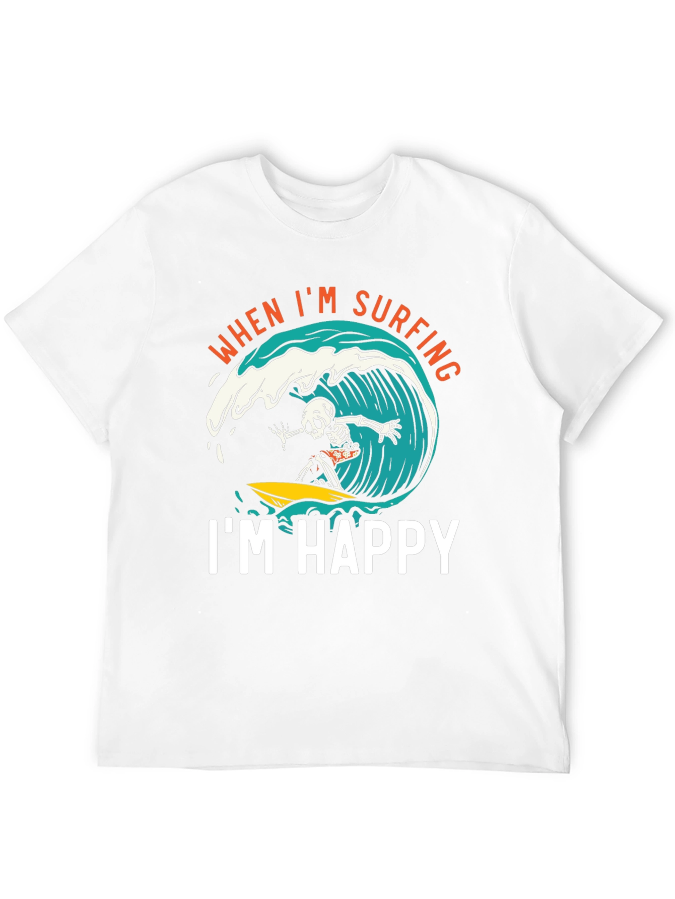 Surfing Skeleton Graphic Tee - "When I'm Surfing, I'm Happy" Black T-Shirt - 12