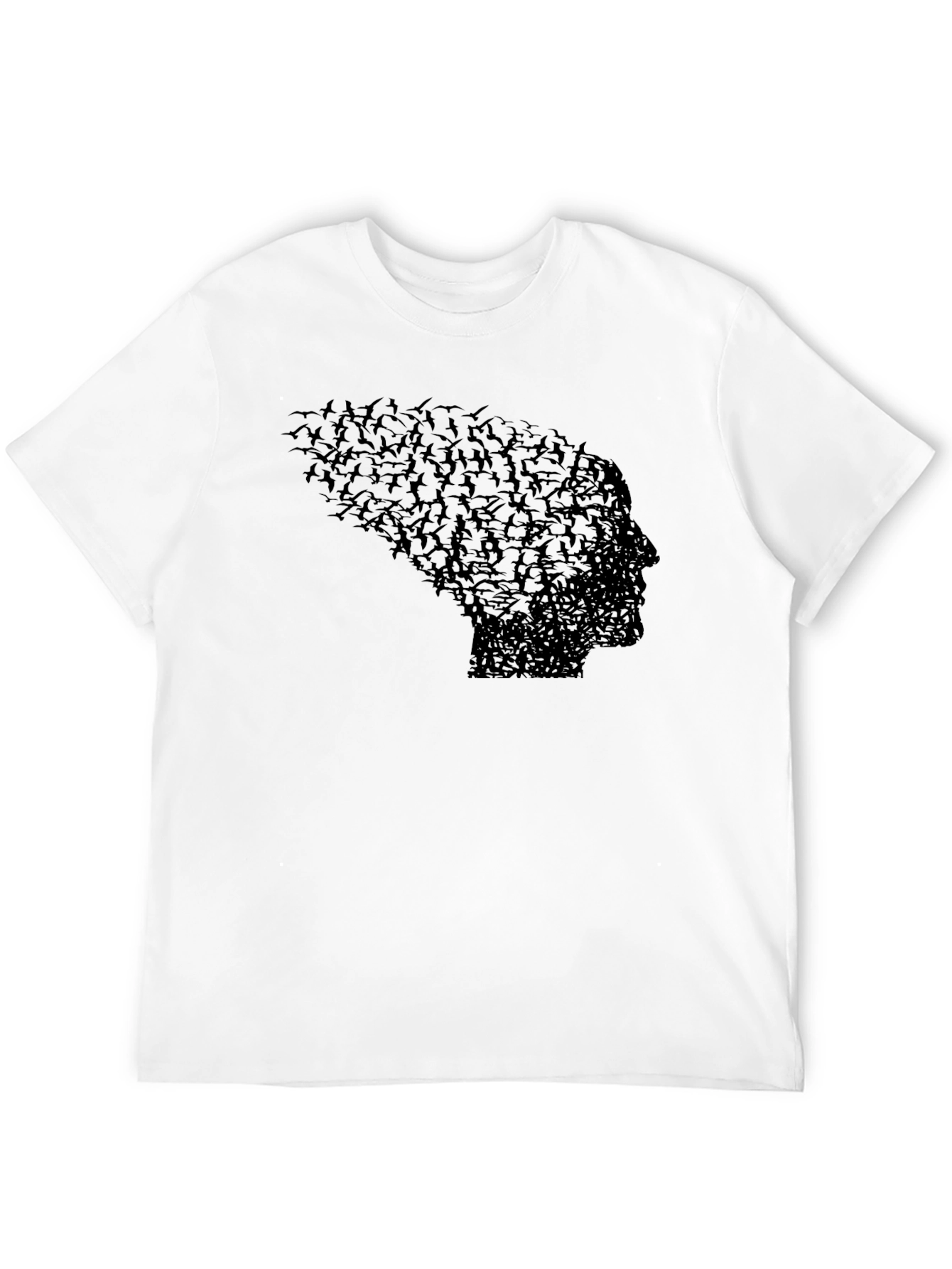 Black Birds Forming Head T-Shirt, Unique Graphic Tee, Black view 12
