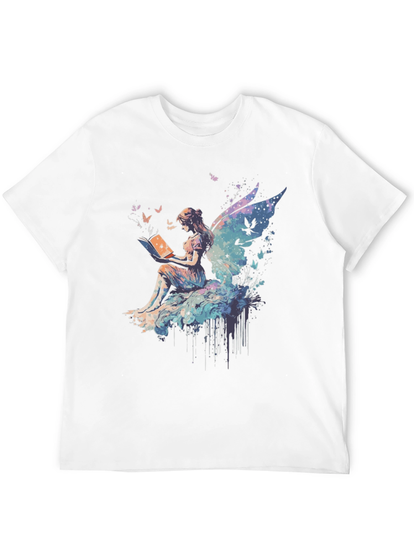 Black Whimsical Fairy Reading Book Graphic T-Shirt view 12