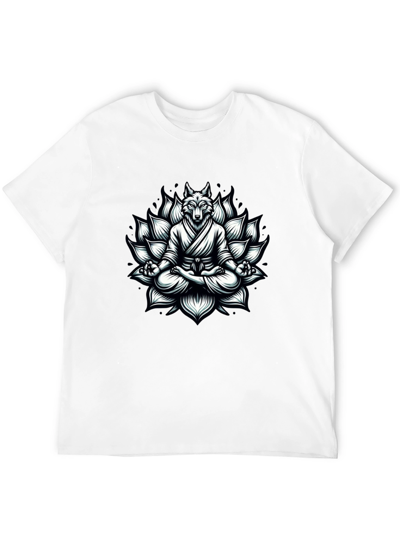 Black Zen Wolf T-Shirt: Meditating Lotus Design view 12