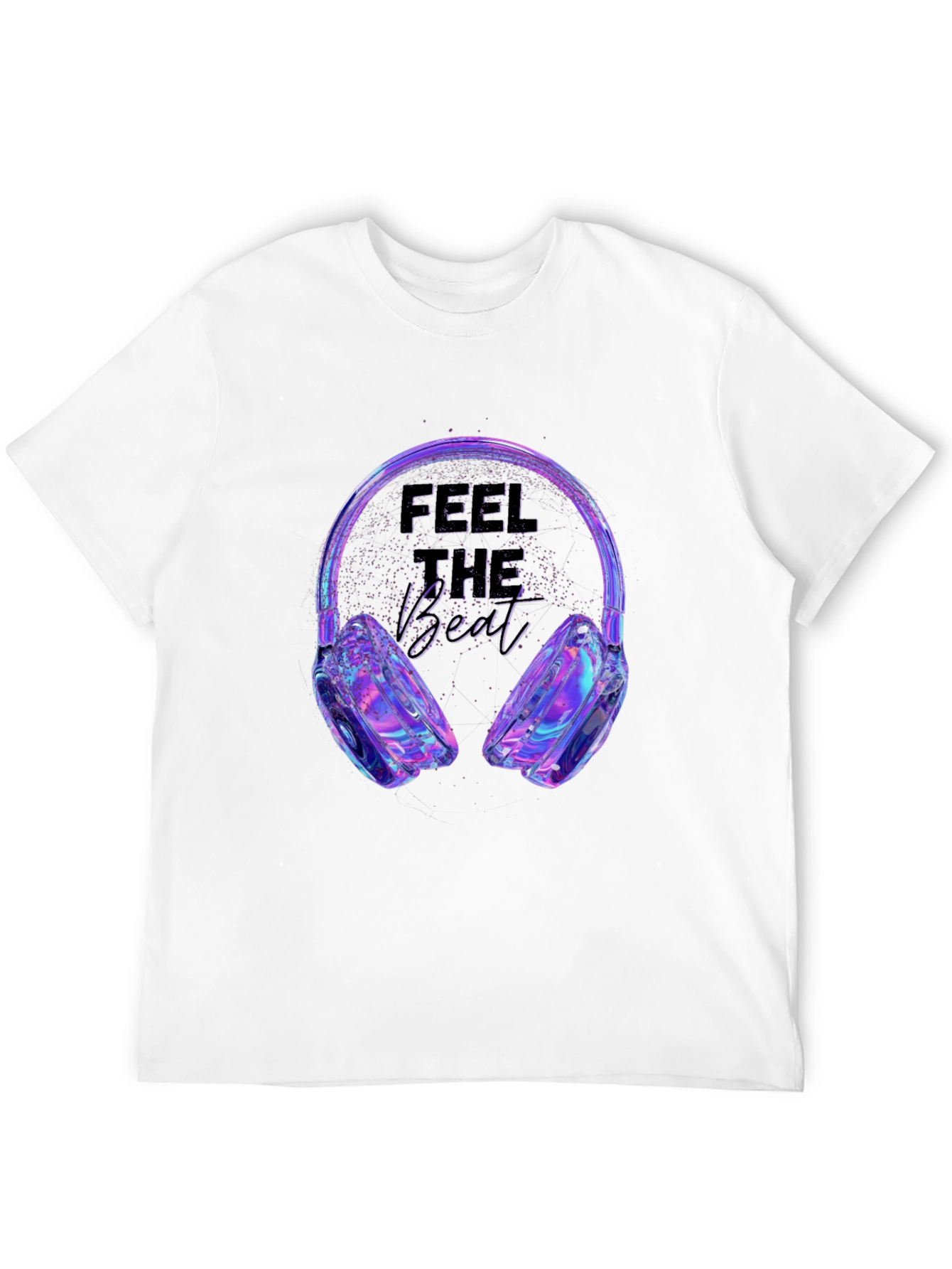 Black Feel the Beat T-Shirt - Holographic Headphones Design view 12