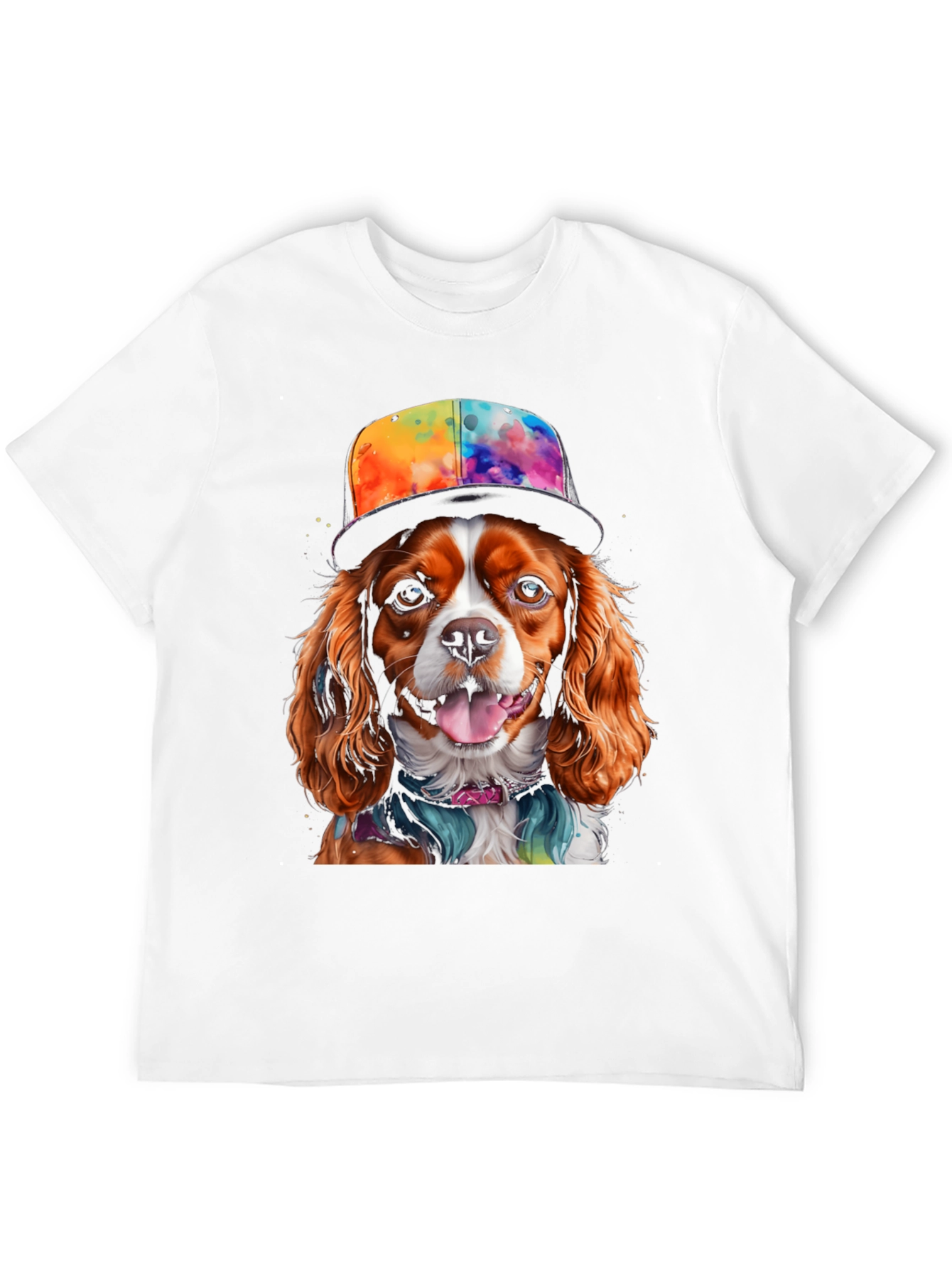 Black Cool Dog T-Shirt: Cavalier in Colorful Hat view 12