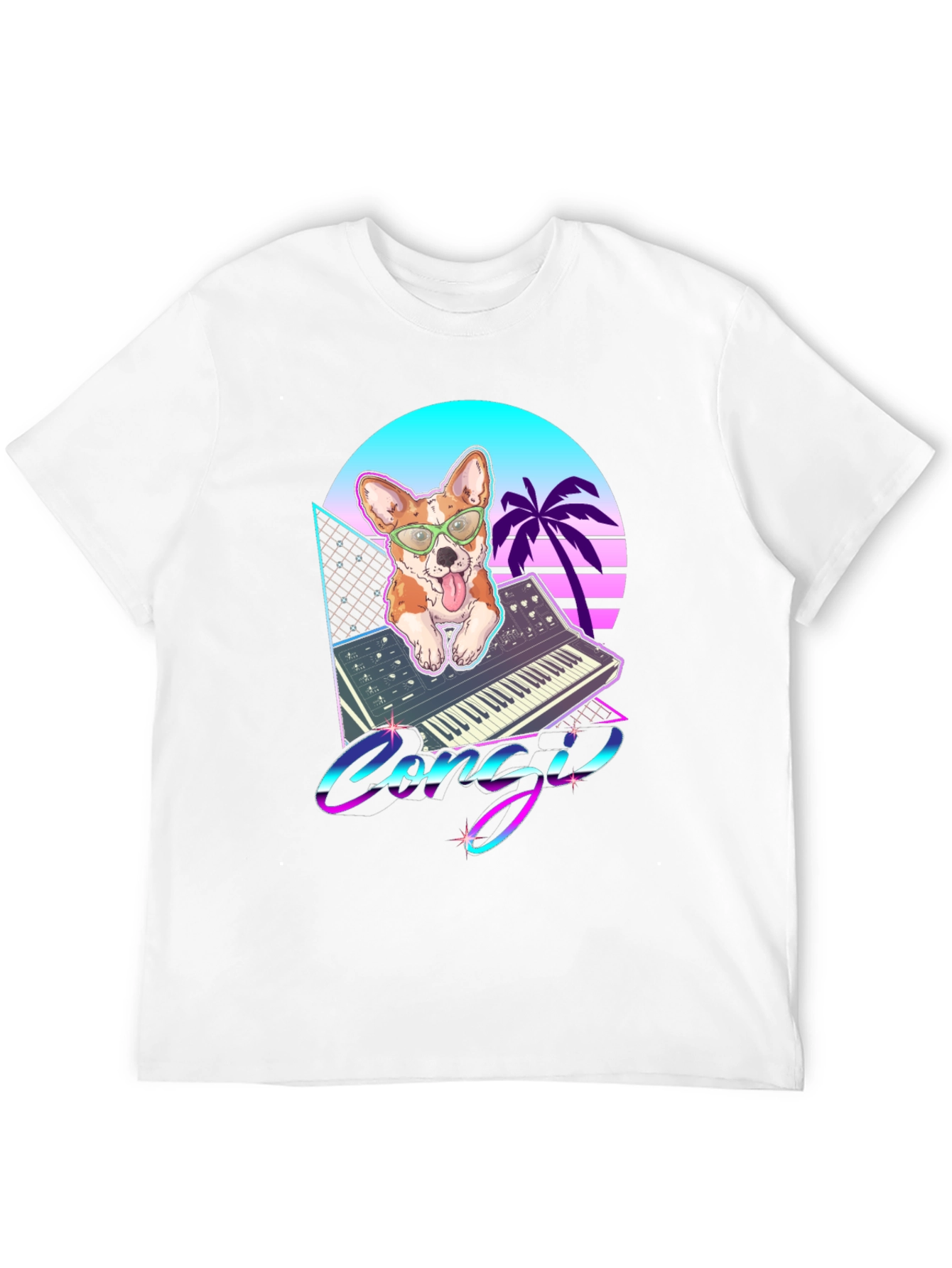 Black Retro Corgi Synthwave Graphic T-Shirt view 12