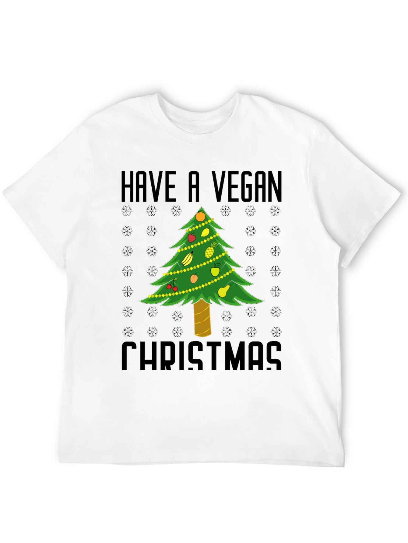 Black Vegan Christmas T-Shirt - Holiday Tree Fruit Design view 12