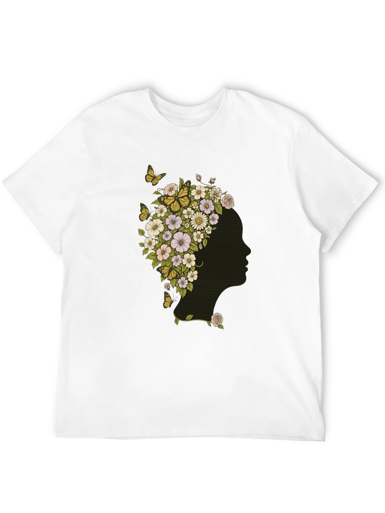 Black Floral Woman Graphic Tee - Black Cotton T-Shirt view 12