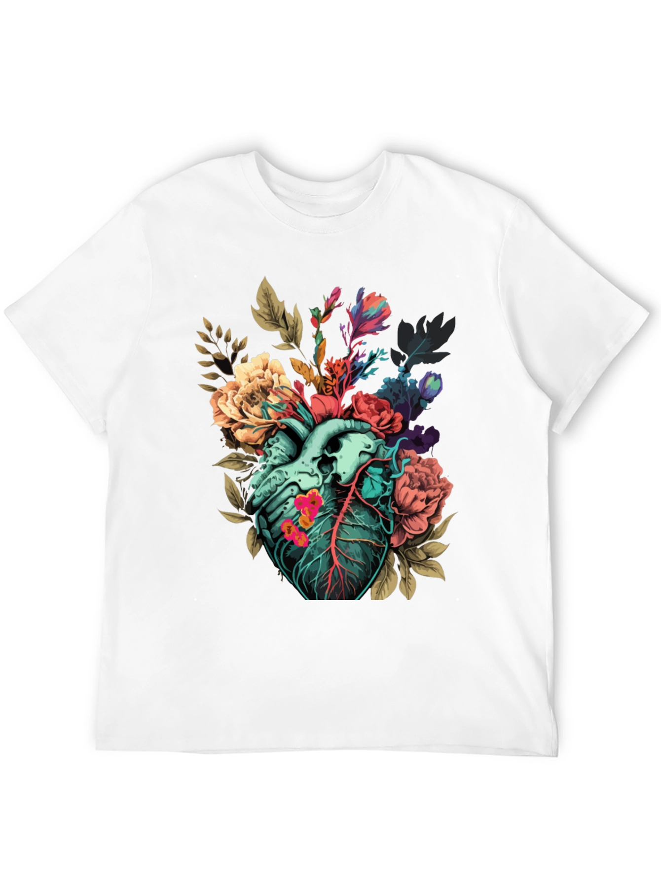 Black Floral Heart Print T-Shirt - Unique Anatomical Art view 12