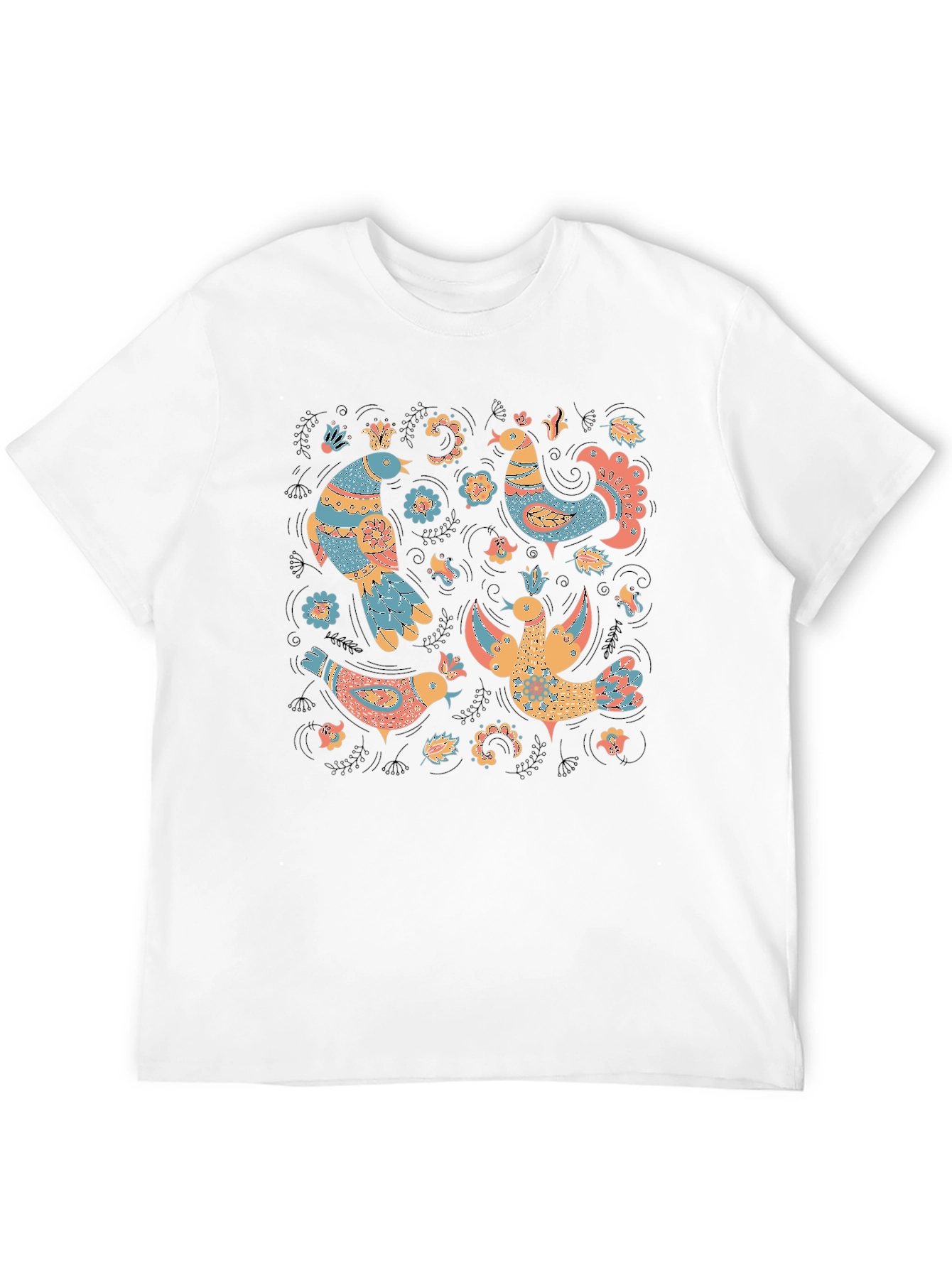 Black Whimsical Folk Art Bird T-Shirt view 12