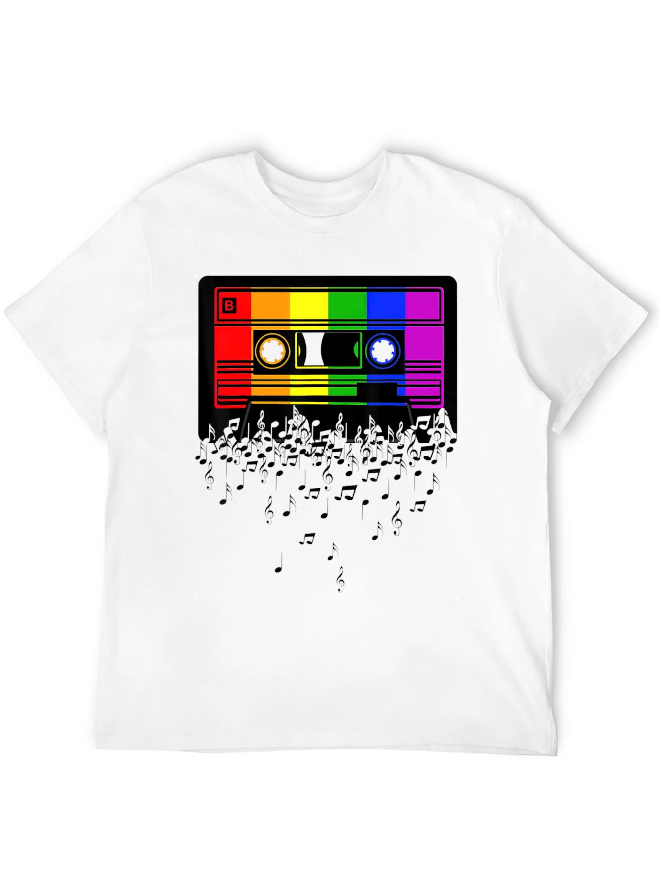 Black Rainbow Cassette Tape Music Notes Graphic T-Shirt view 12
