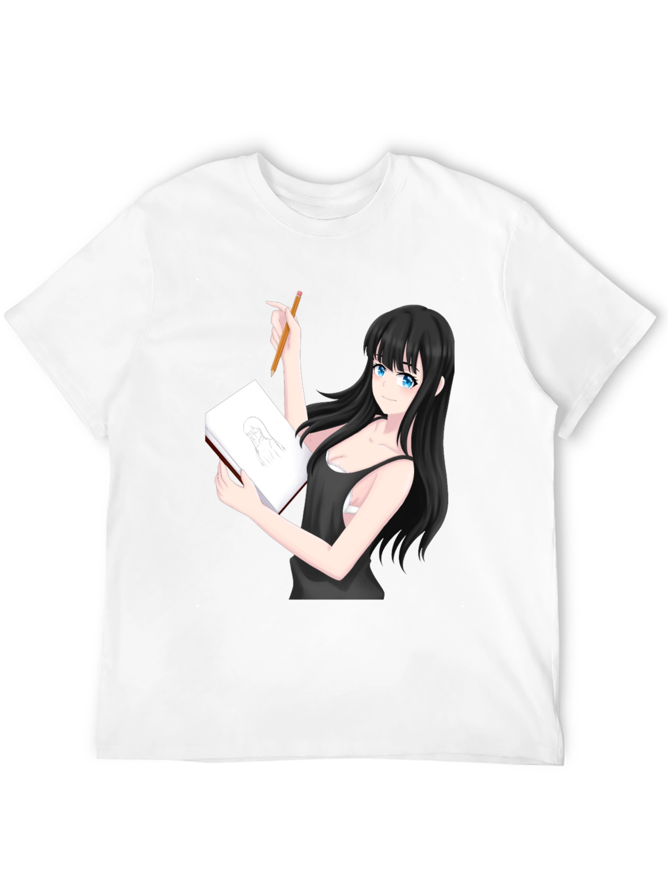 Black Anime Girl Sketch T-Shirt - Unique Design view 12