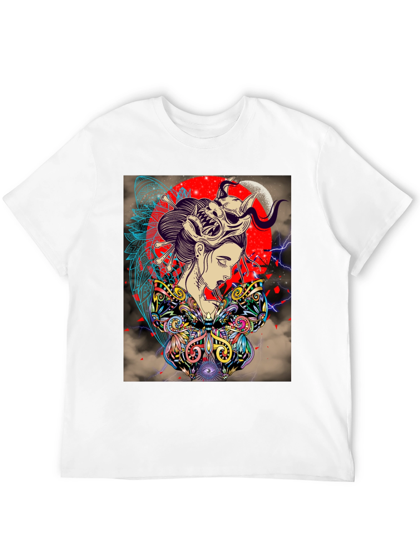 Black Geisha Mask Graphic Print Black T-Shirt view 12