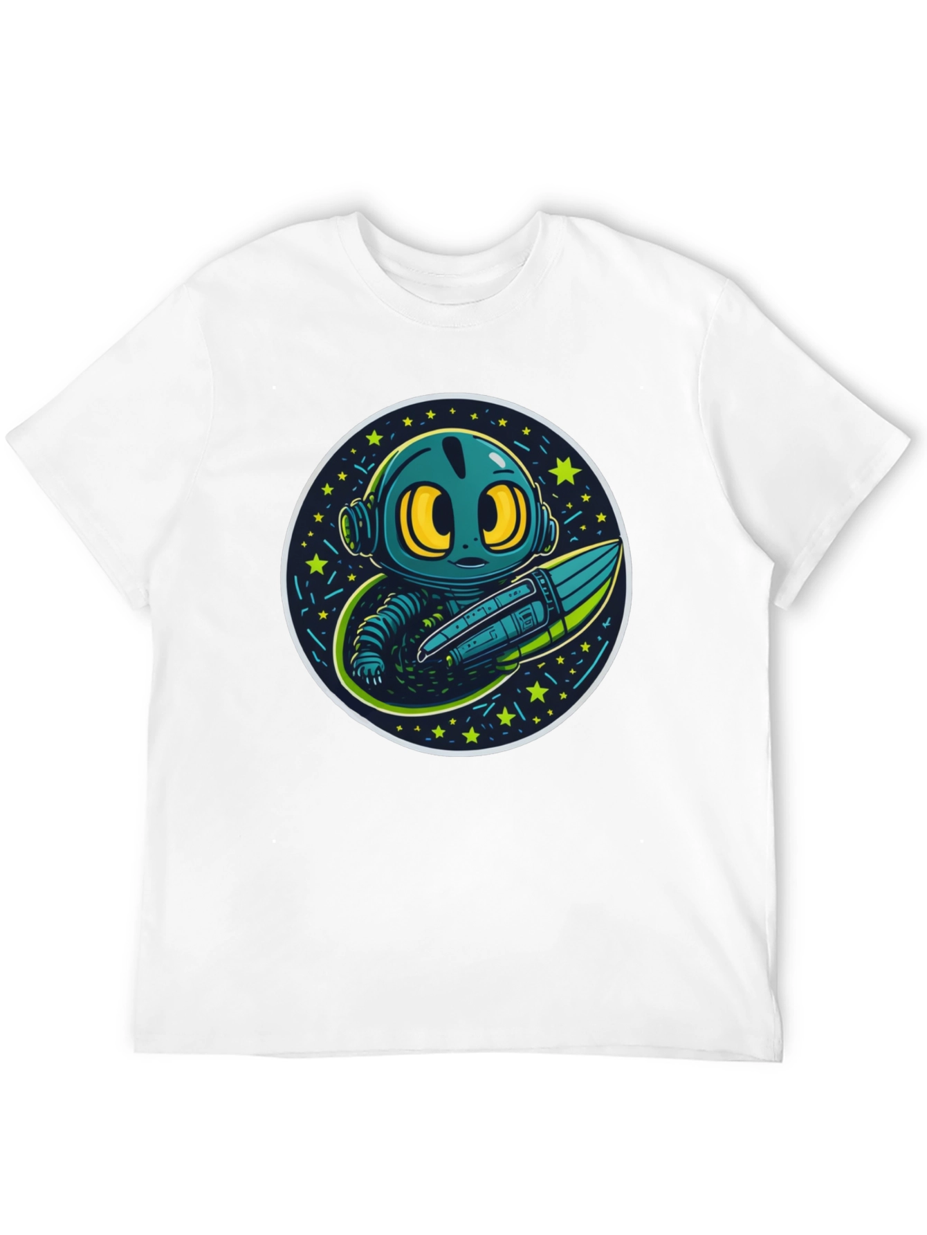 Black Cartoon Alien Rocket Black T-Shirt view 12