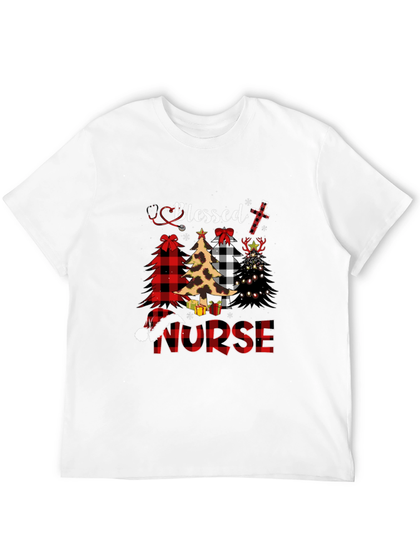Black Blessed Nurse Christmas Tree Plaid T-Shirt view 12