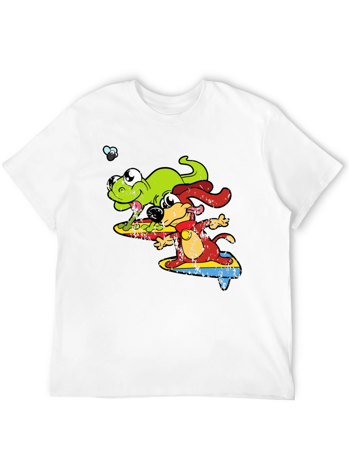 Black Cartoon Dog and Lizard Surfing Black T-Shirt view 12