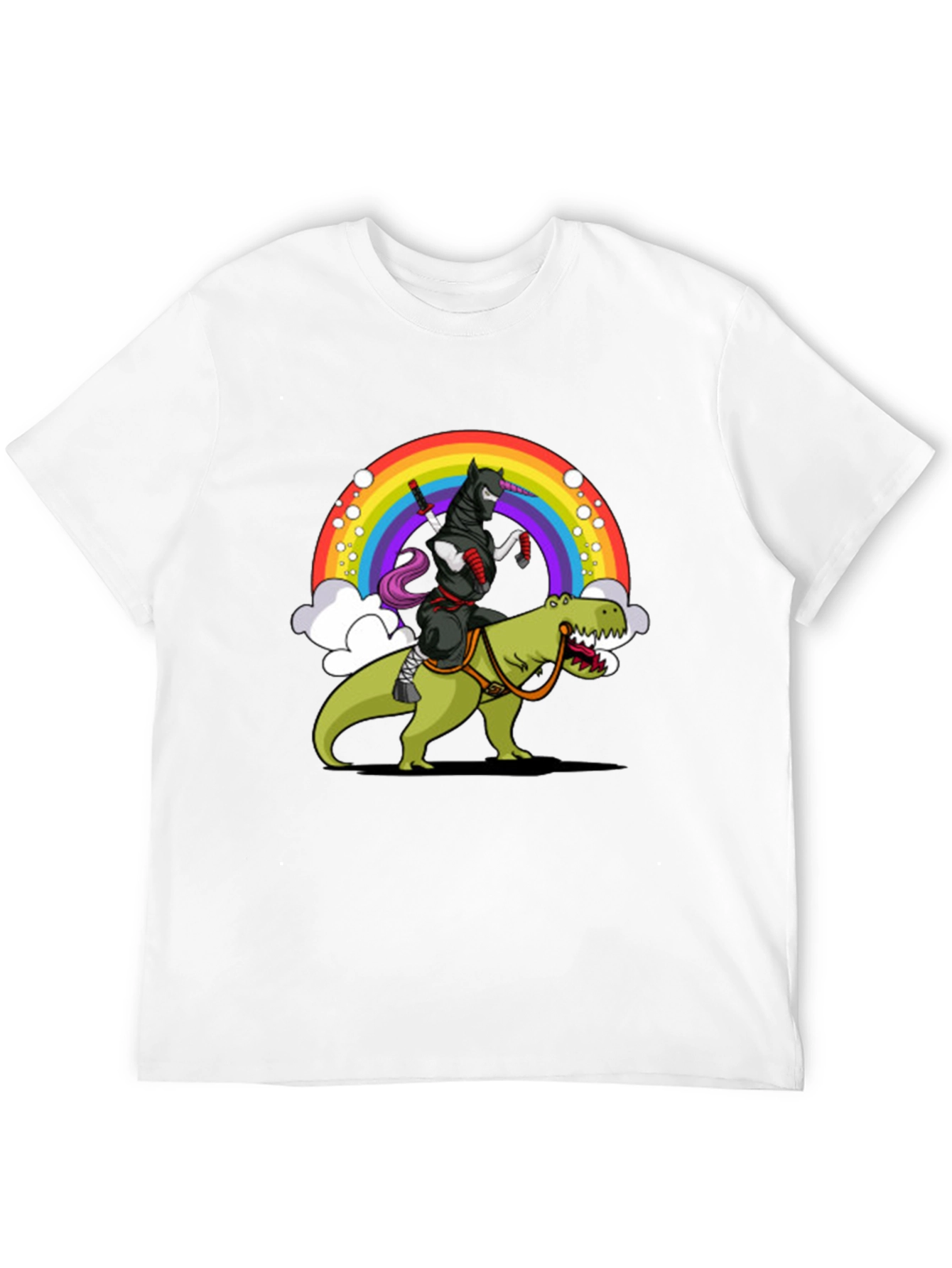 Black Ninja Unicorn Riding Dinosaur Rainbow T-Shirt view 12