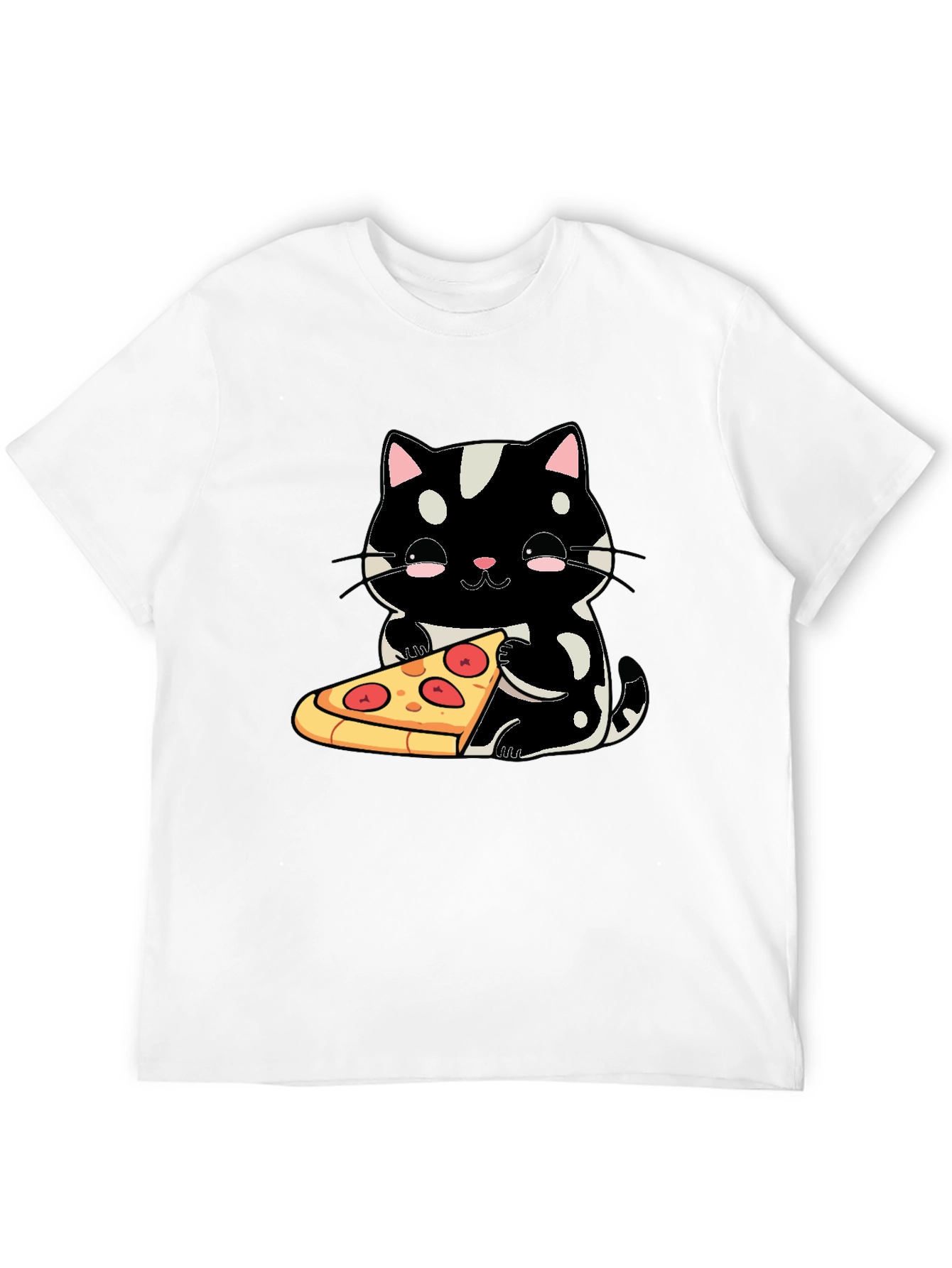 Black Cute Cat Pizza Graphic Tee - Black Cotton T-Shirt view 12