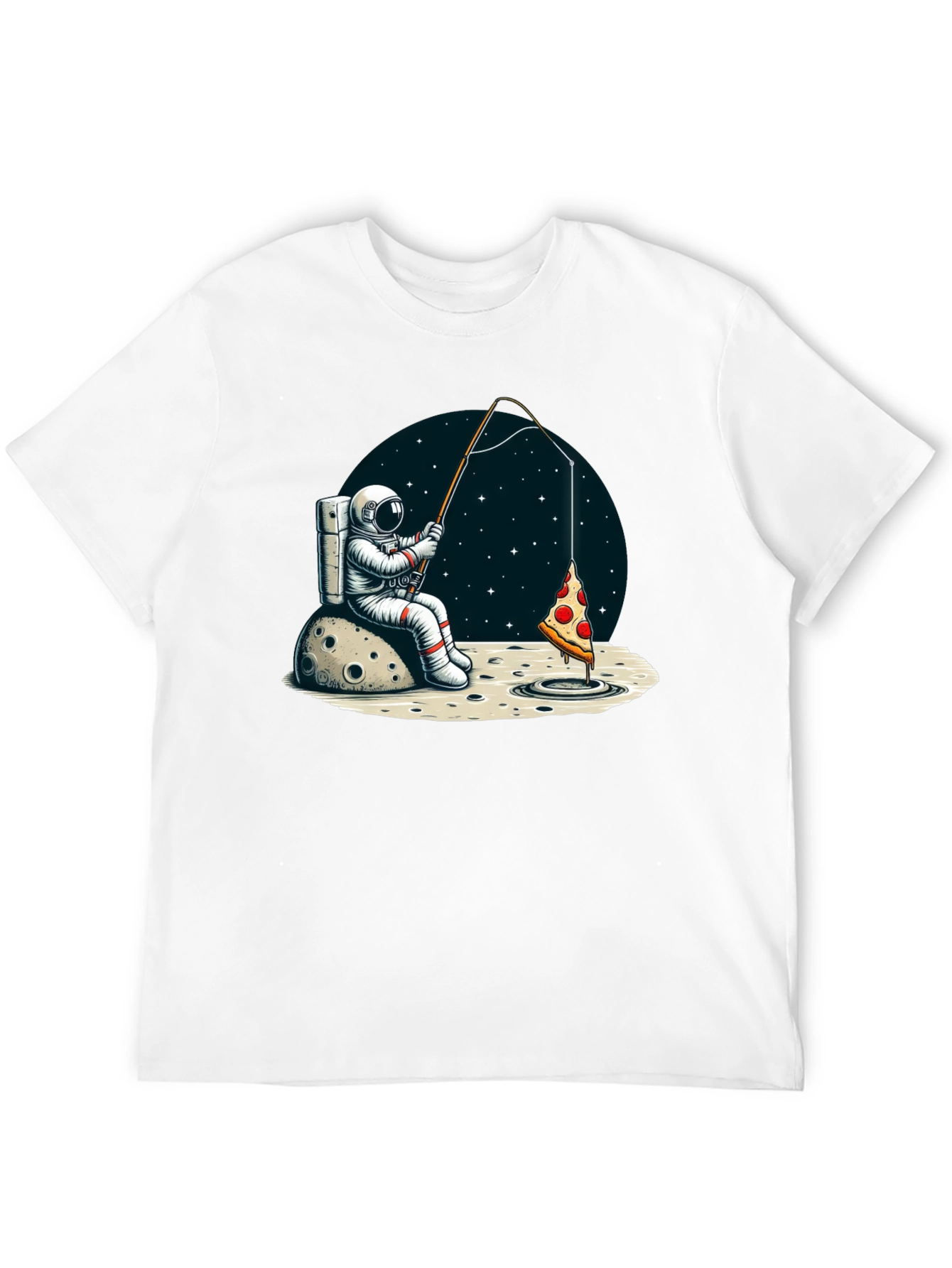 Black Astronaut Fishing for Pizza T-Shirt view 12