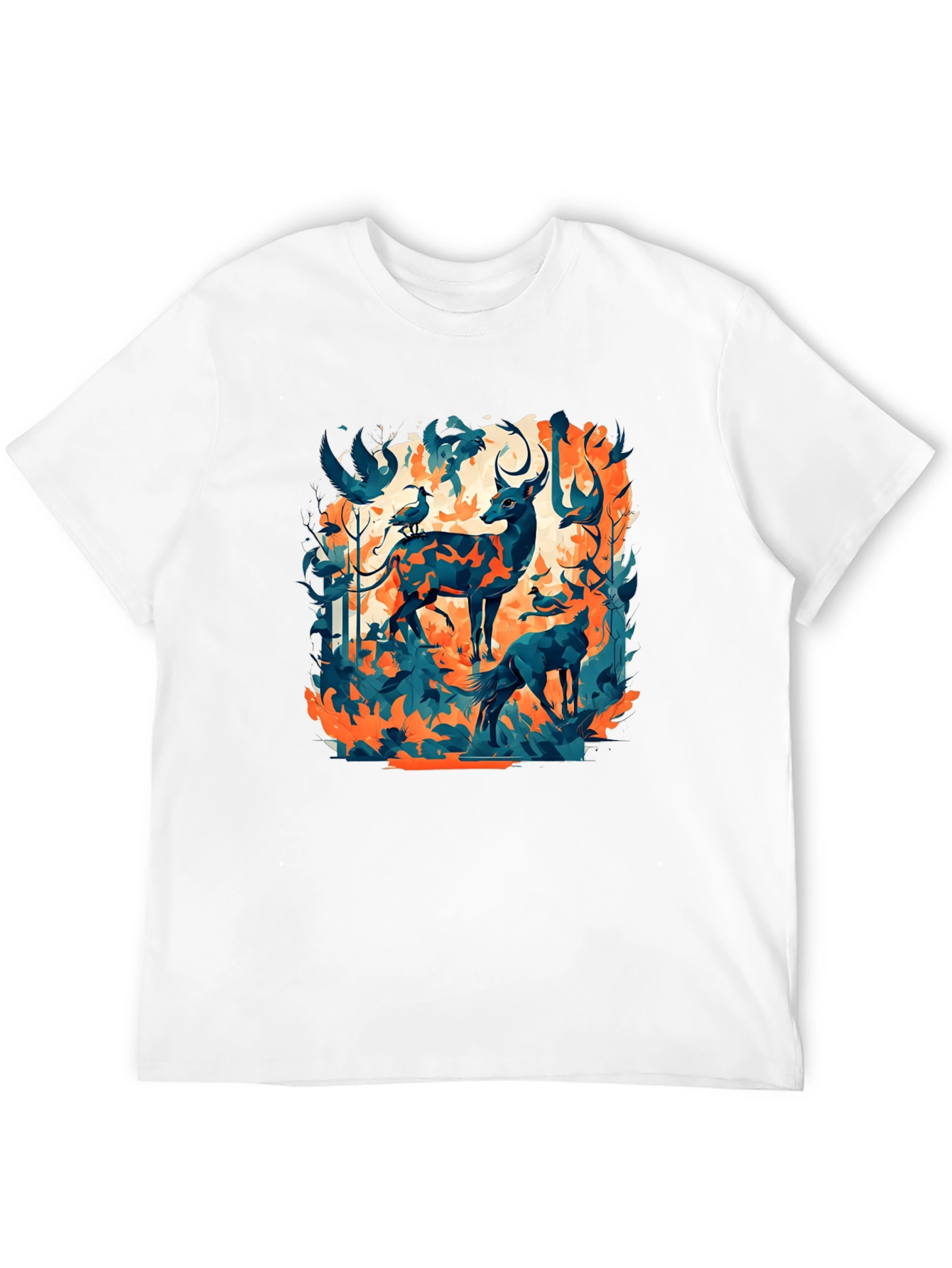 Black Nature Inspired Graphic Tee - Deer & Birds Design view 12