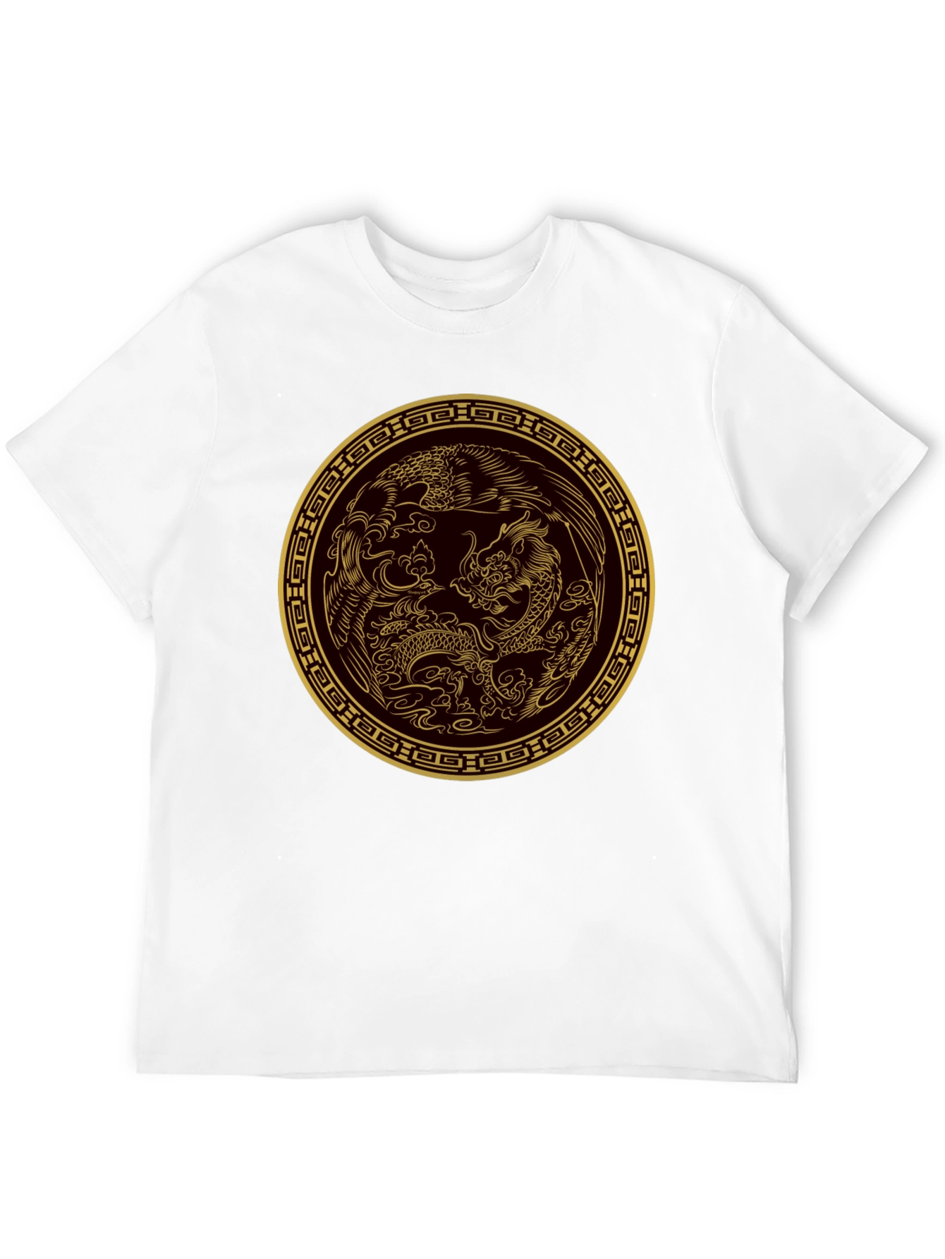 Black Dragon and Phoenix Gold Print Black T-Shirt view 12