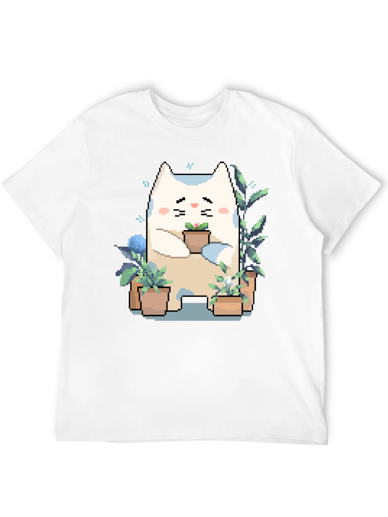Black Cute Pixel Cat with Plants Black T-Shirt view 12