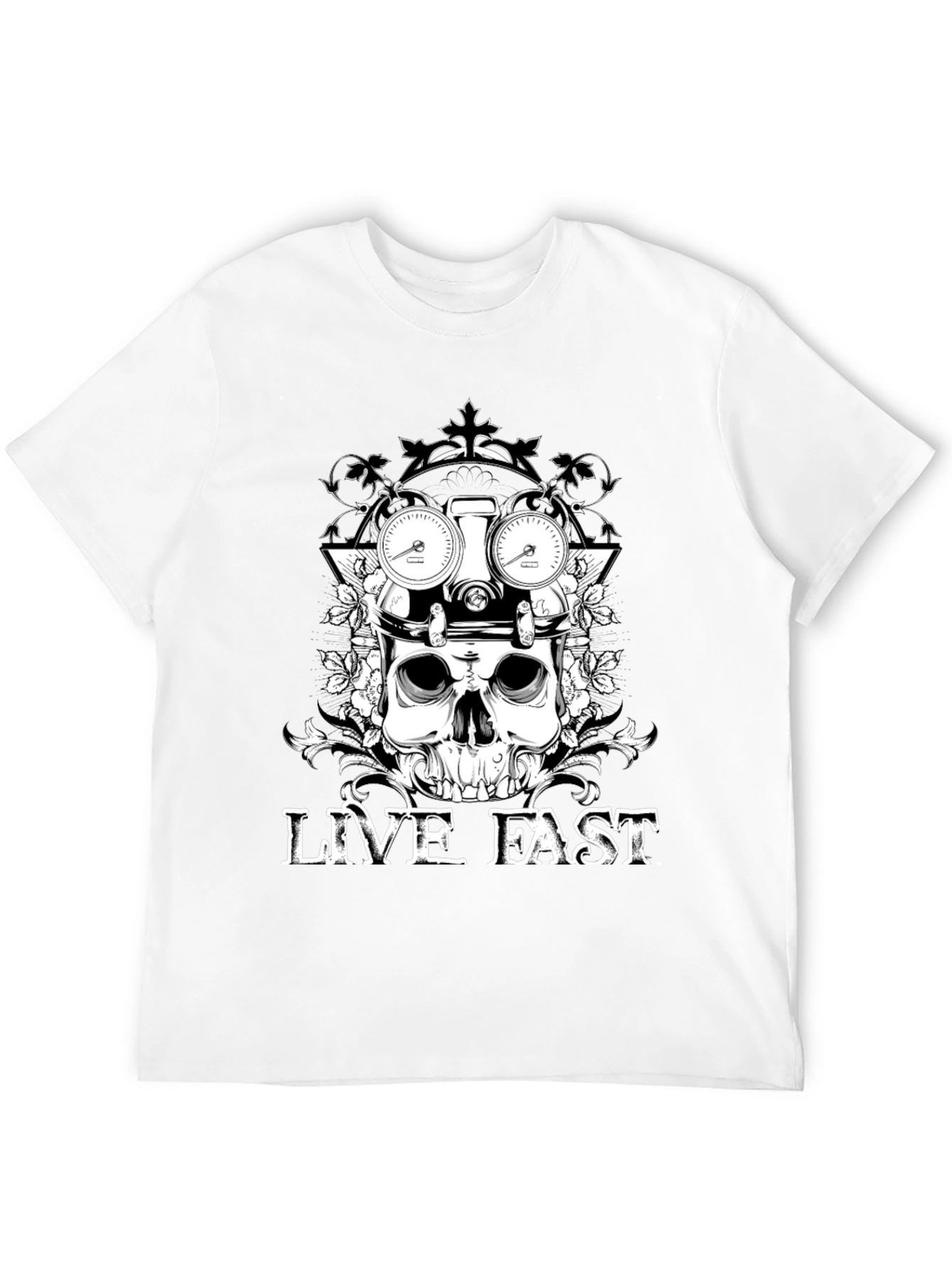 Black Live Fast Skull Graphic Tee - Black Cotton T-Shirt view 12