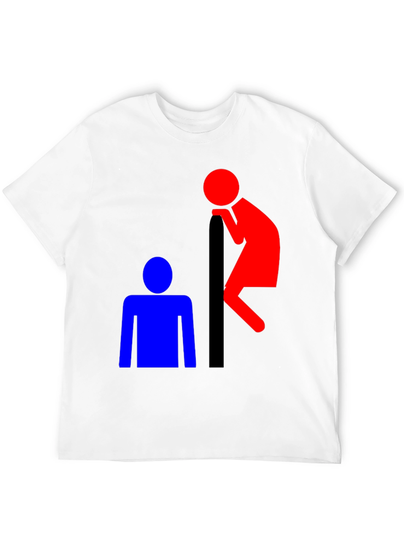 Black Funny T-Shirt: Red Peeping Tom and Blue Figure view 12