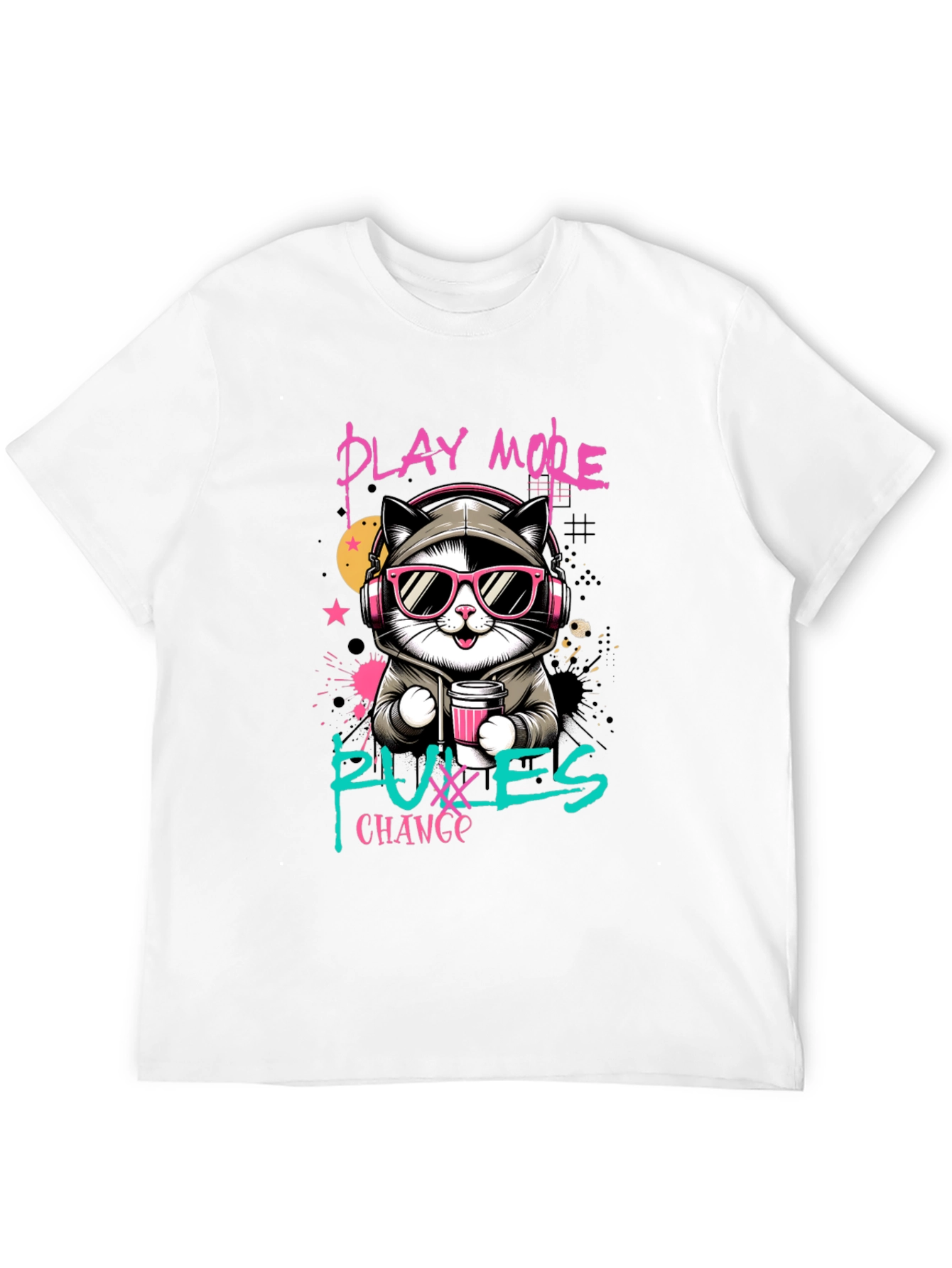 Black Play More, Puxxes Change T-Shirt - Cool Cat Design view 12