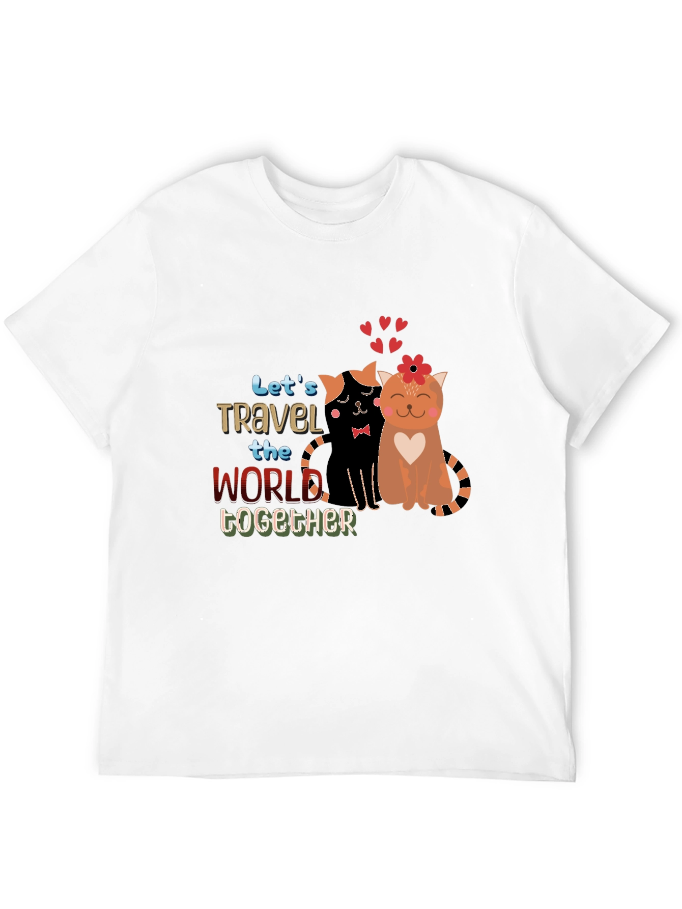 Black Cute Couple Cats Travel Together Graphic Black T-Shirt view 12