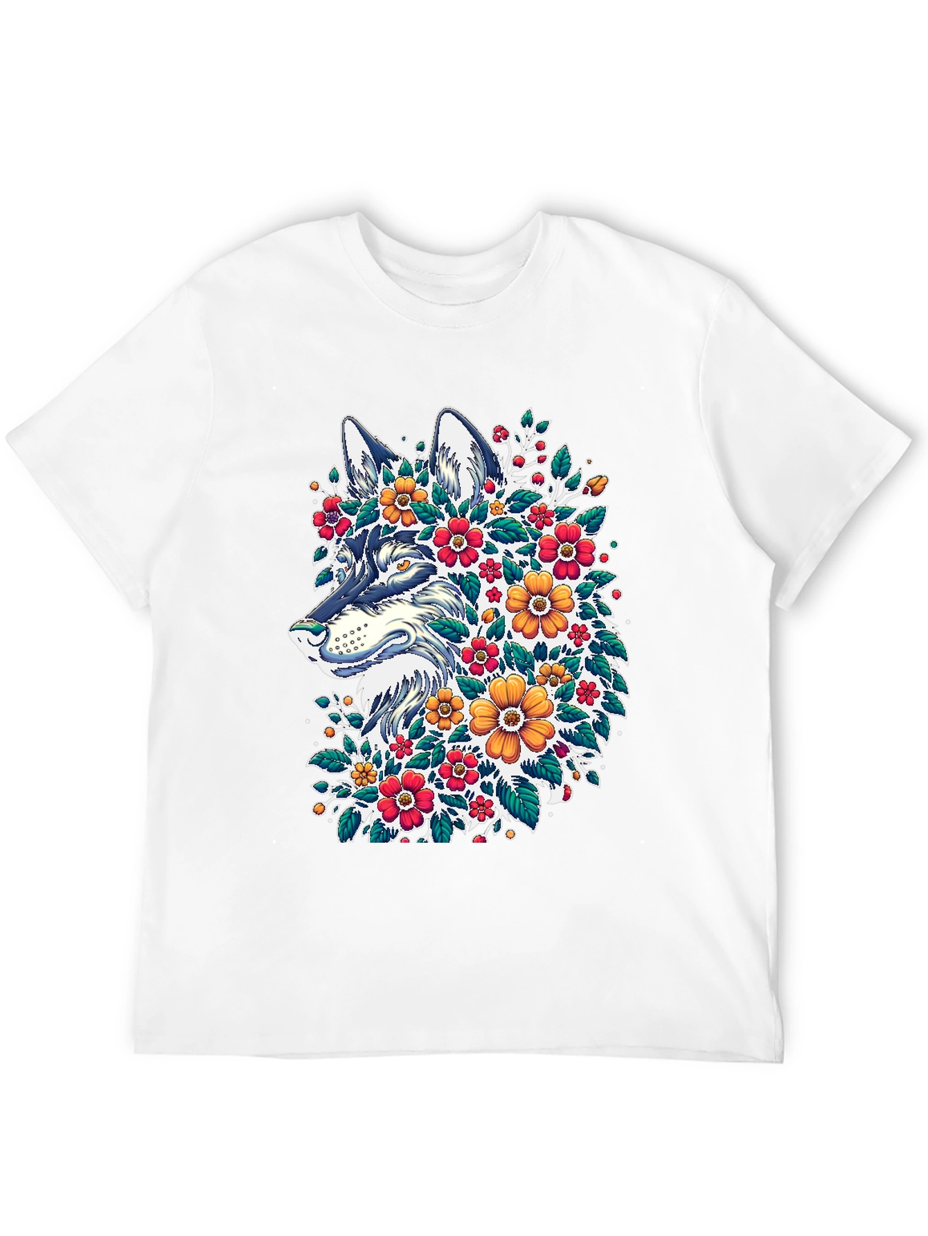 Black Floral Wolf T-Shirt - Artistic Graphic Tee view 12
