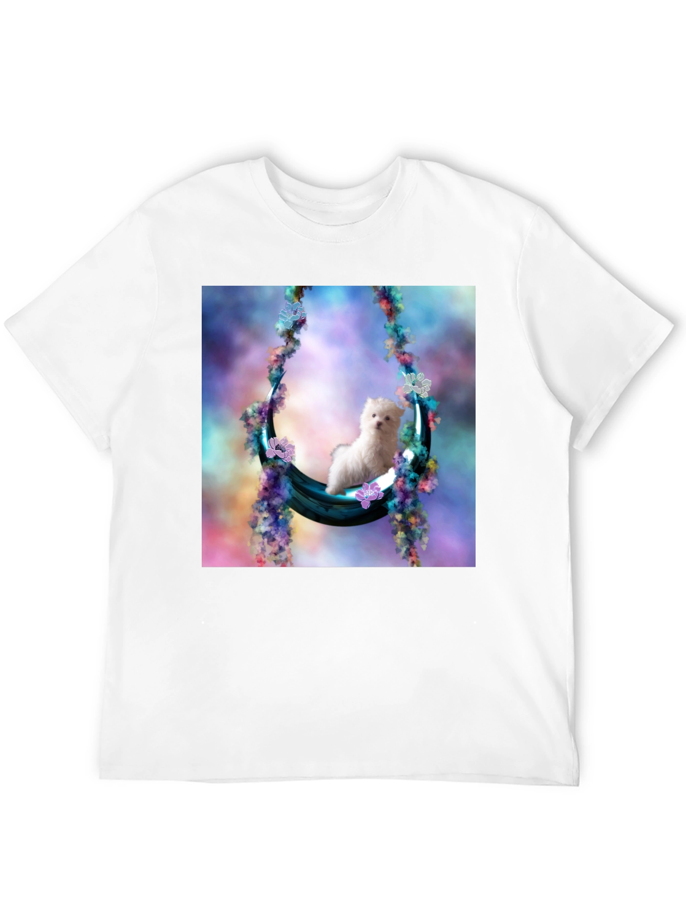 Black Cute Puppy in Floral Swing Black T-Shirt view 12