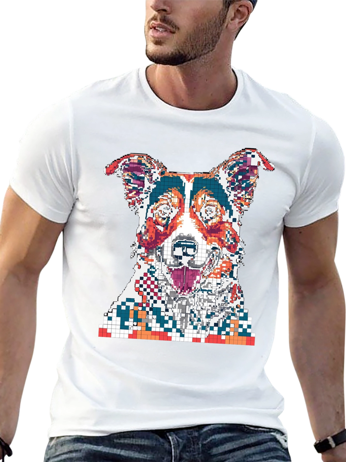 Black Pixelated Dog Graphic Print Black T-Shirt view 13