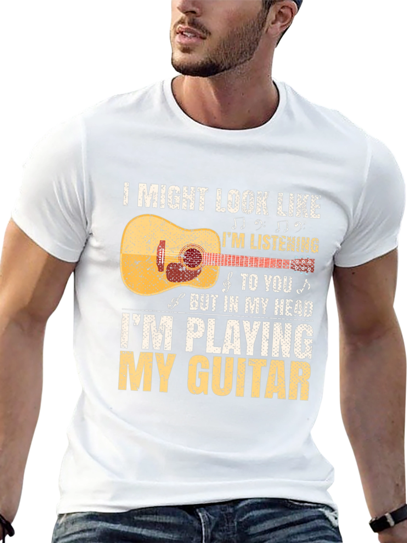 Black Guitar Player T-Shirt: Listening With My Head view 13