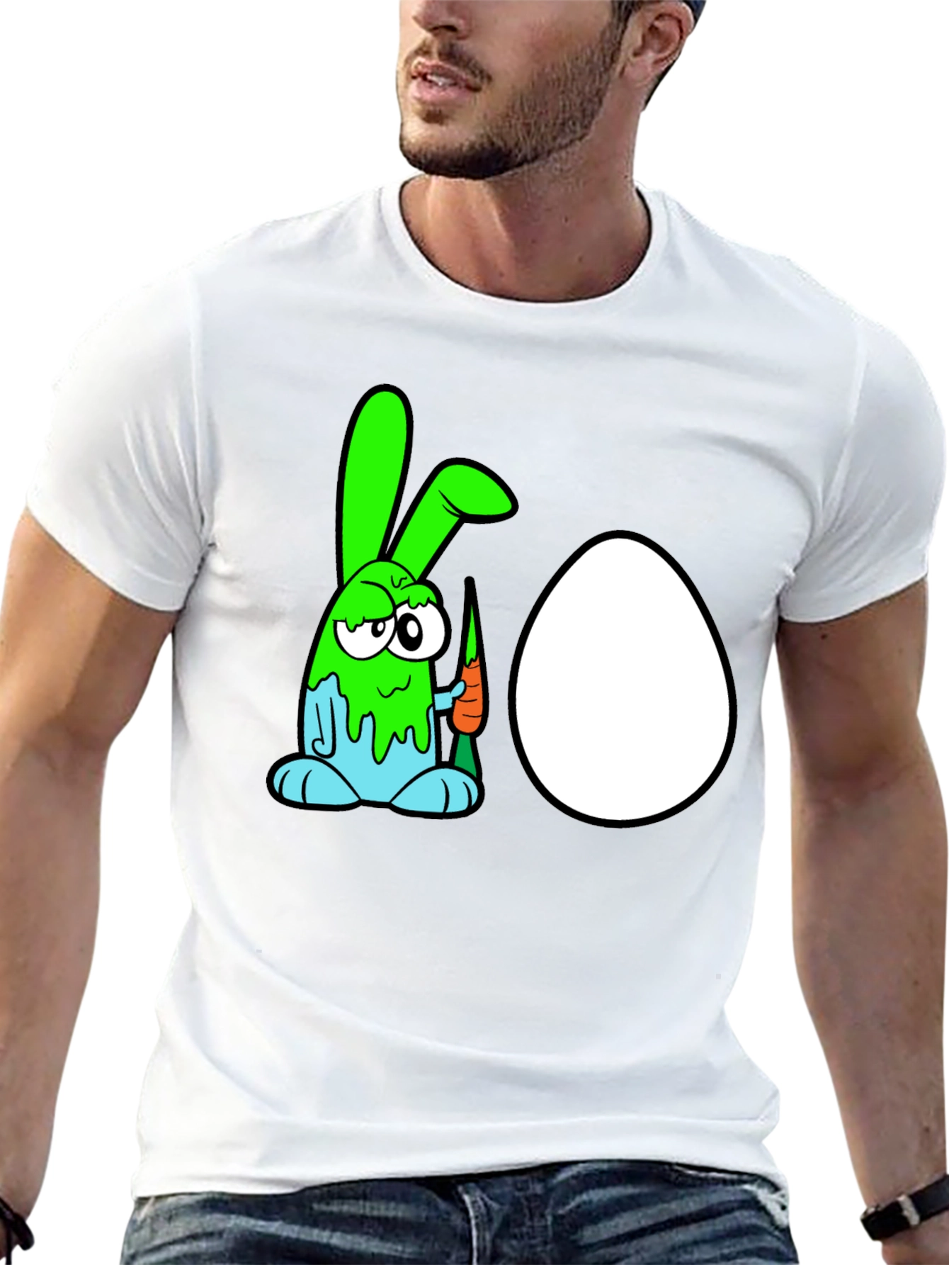 Black Funny Cartoon Bunny & Egg Graphic Black T-Shirt view 13