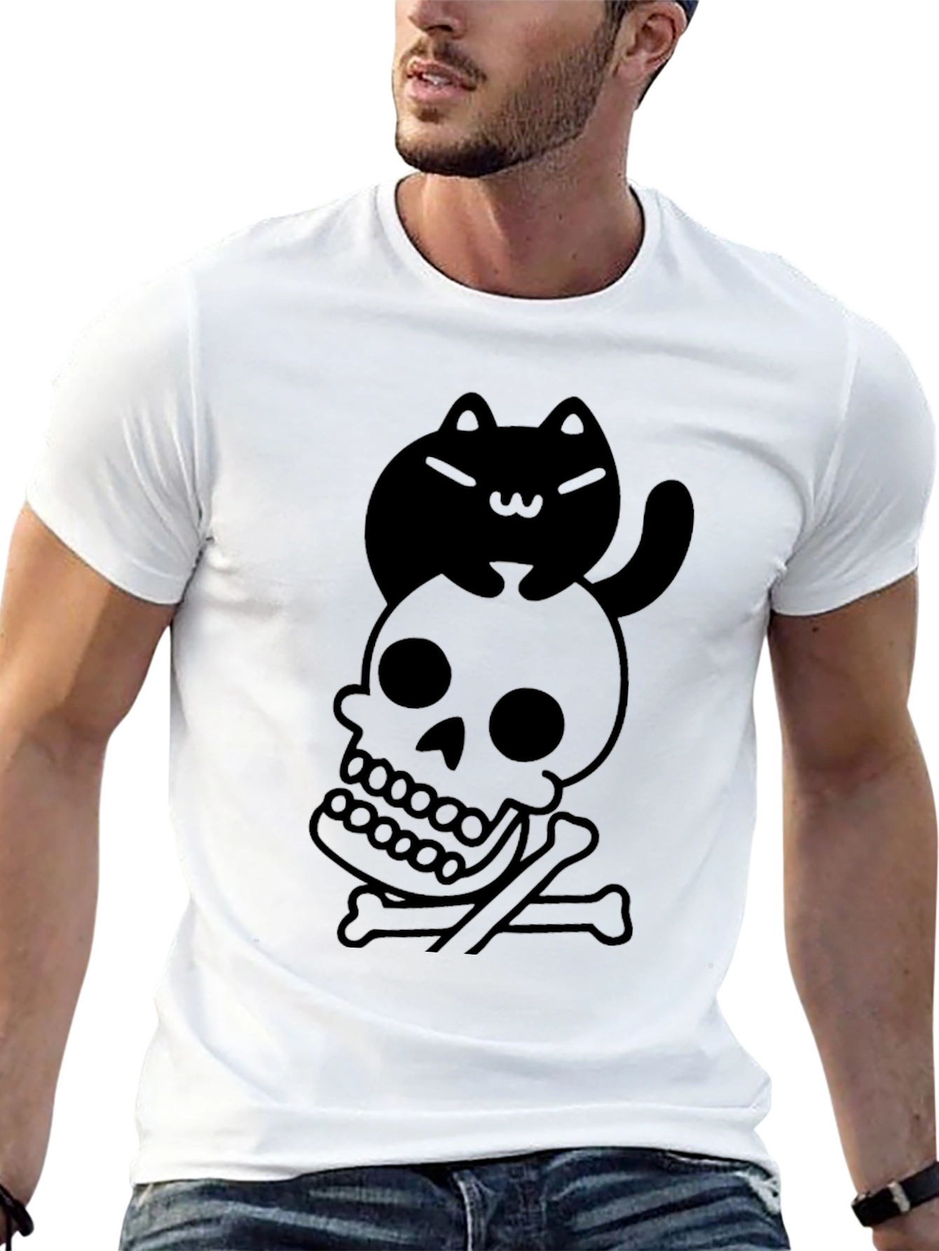 Black Skull and Cat Graphic Tee - Unisex Black T-Shirt view 13