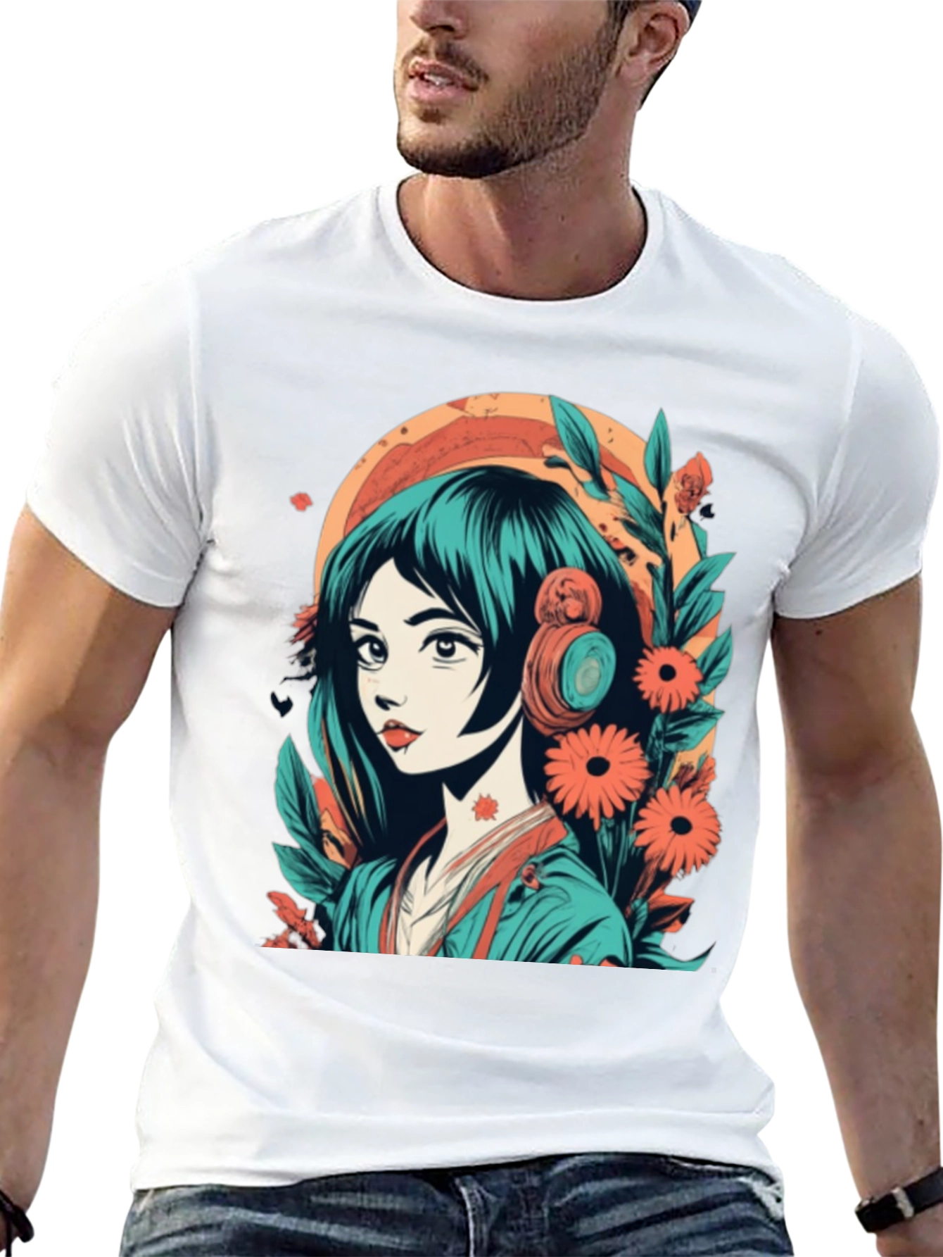 Black Anime Girl Graphic Tee - Floral & Headphones Design view 13