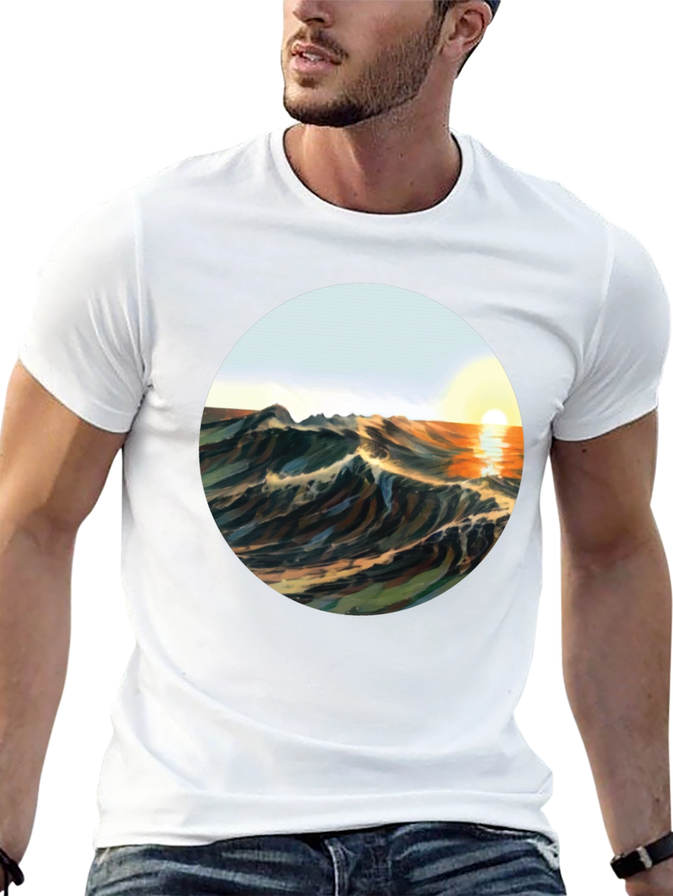 Black Sunrise Waves Graphic Tee - Black Cotton Blend view 13