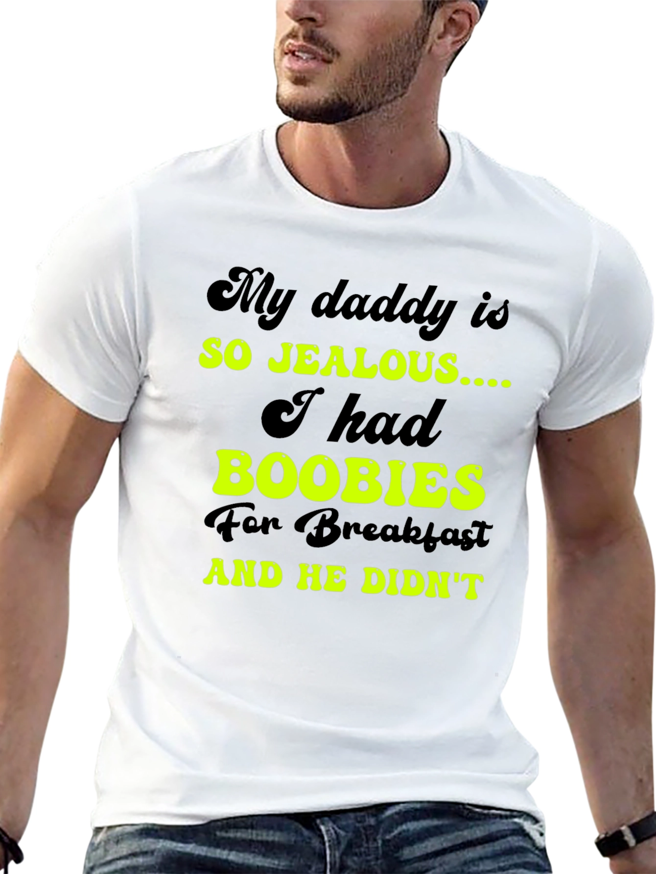 Black Jealous Daddy Boobies for Breakfast Black T-Shirt view 13