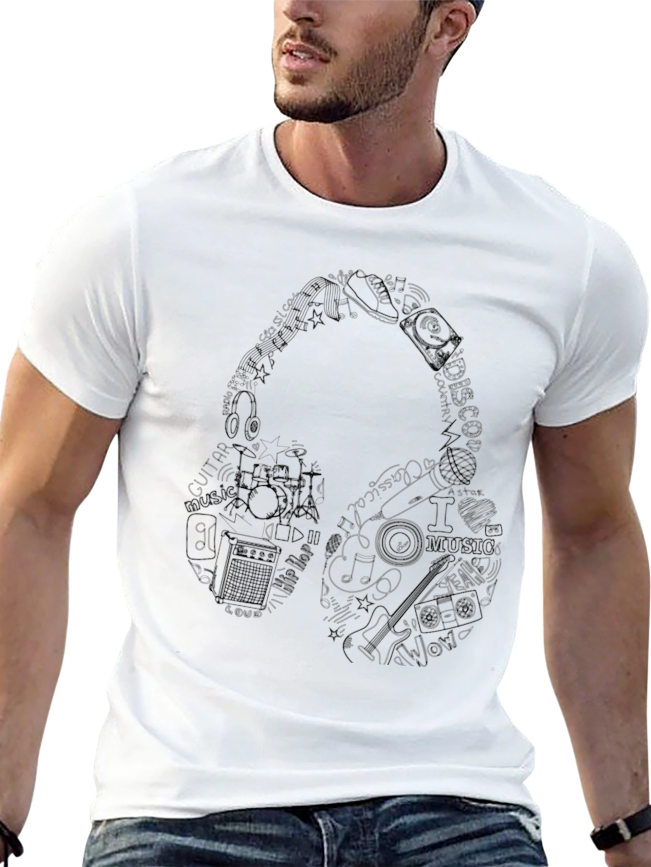 Black Music Headphone Graphic Print T-Shirt view 13