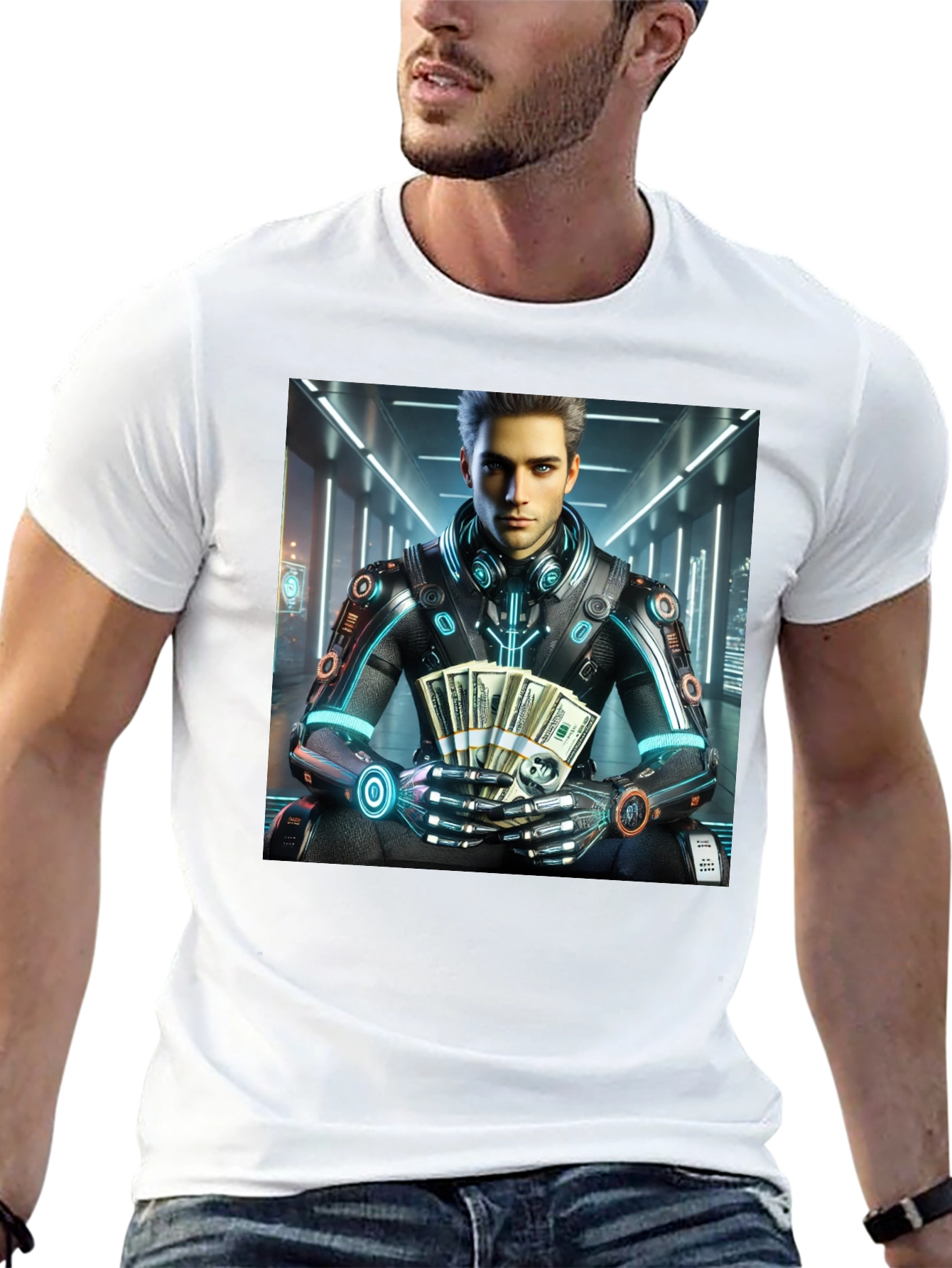 Black Cyberpunk Rich Guy T-Shirt - Futuristic Style view 13