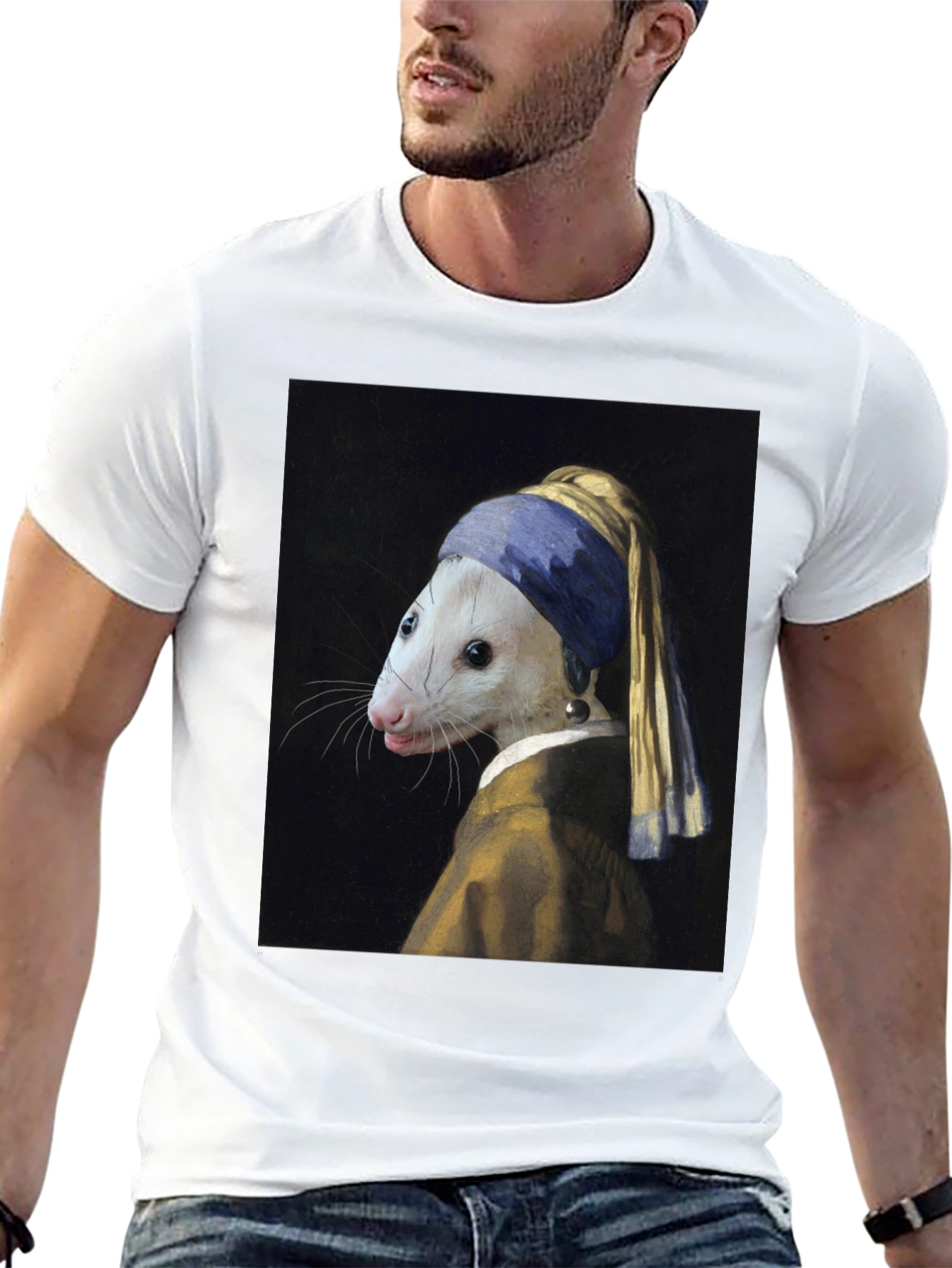 Black Opossum with Pearl Earring T-Shirt - Funny Art Tee view 13