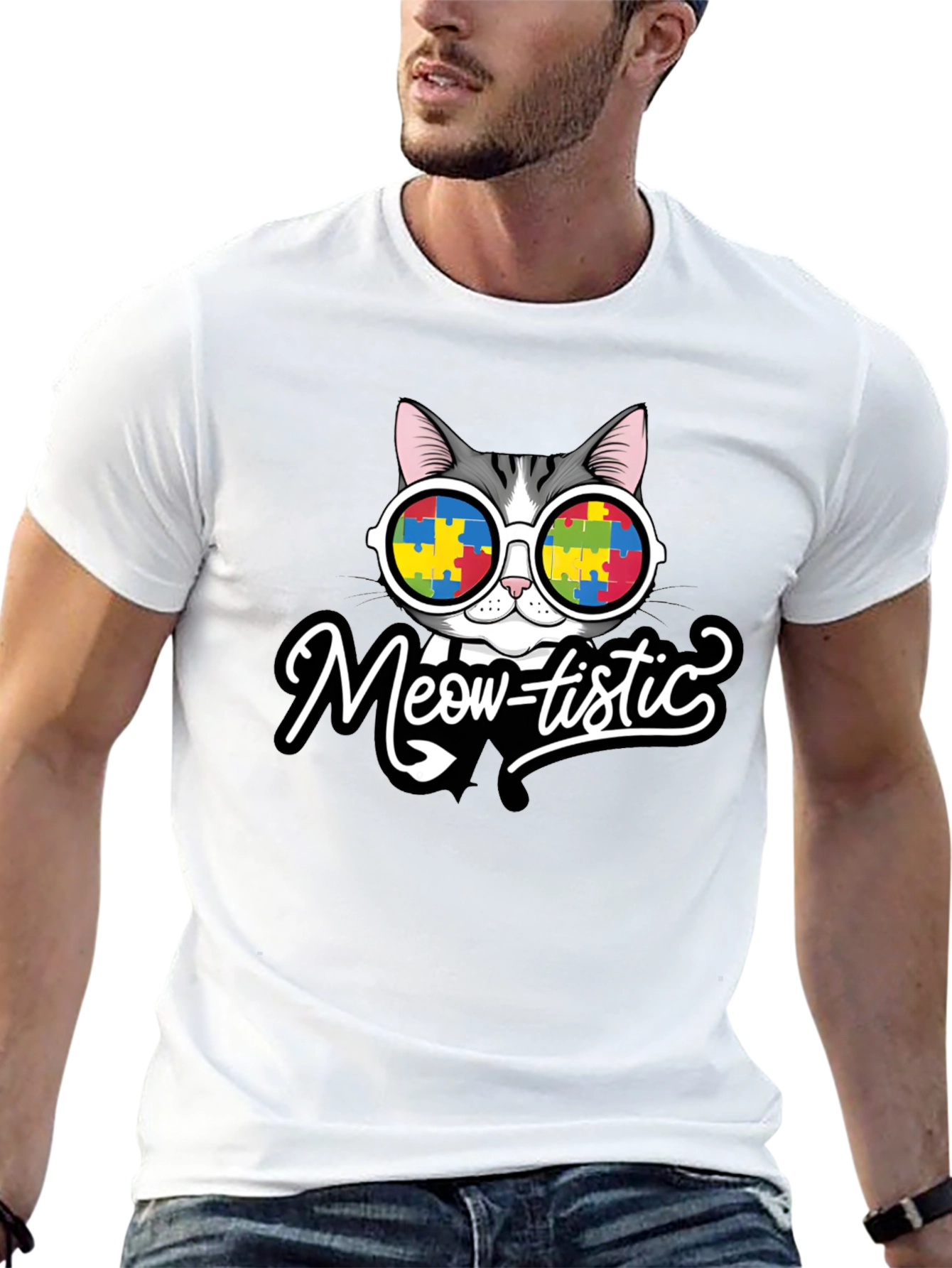 Black Meow-tistic Cat Autism Awareness T-Shirt view 13