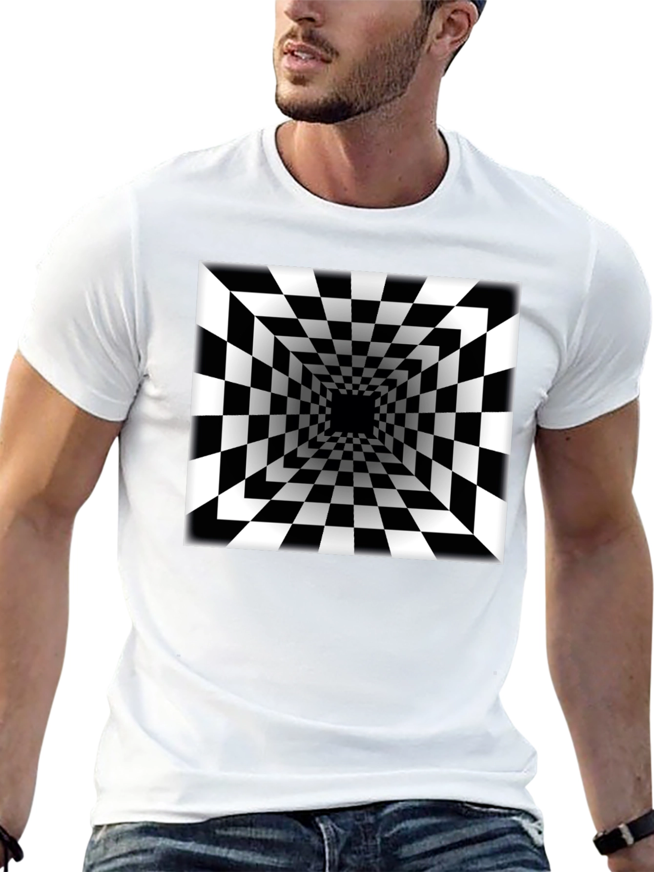 Black Optical Illusion Checkerboard Tunnel Black T-Shirt view 13