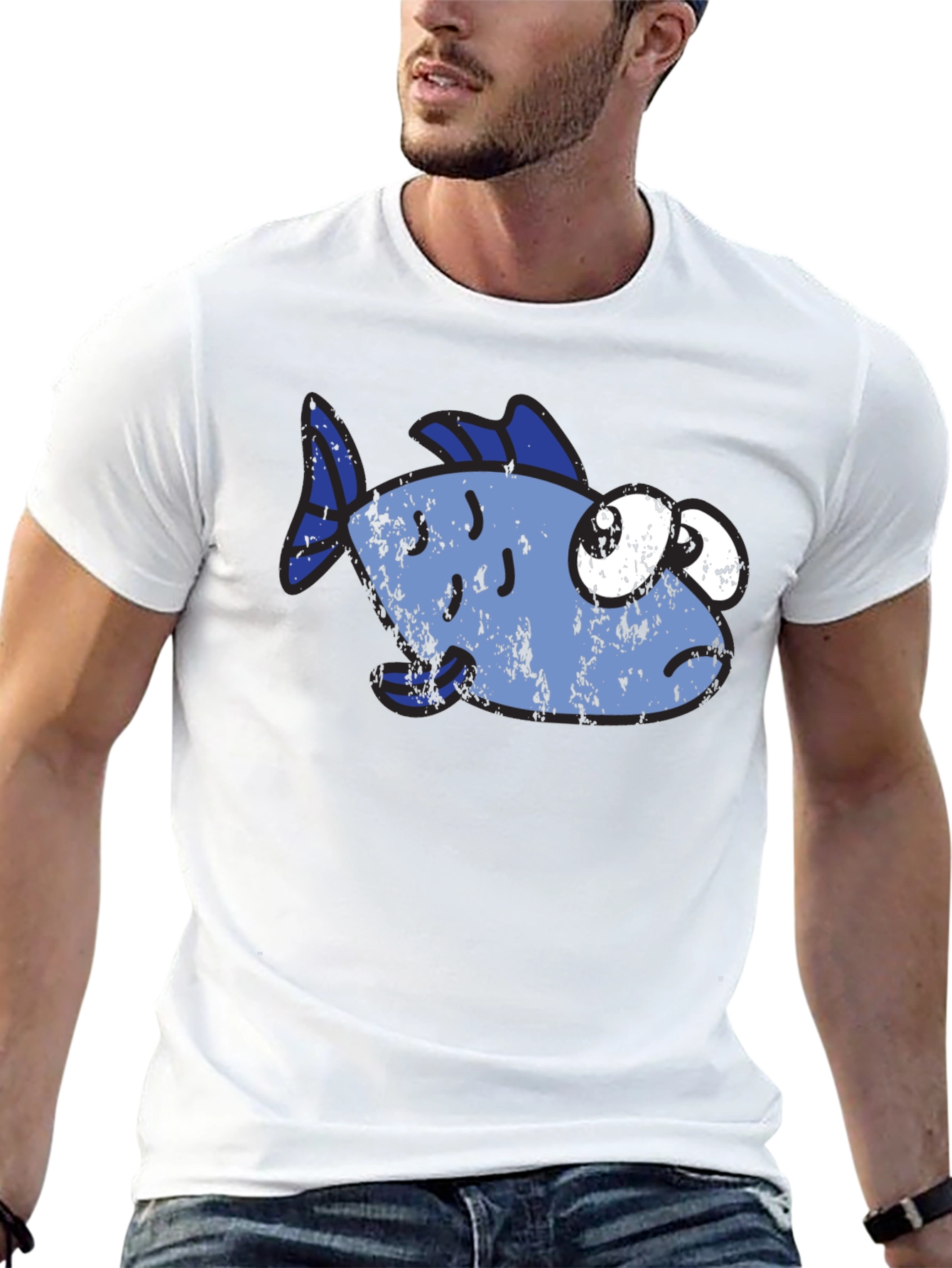 Black Funny Distressed Cartoon Fish Graphic T-Shirt view 13