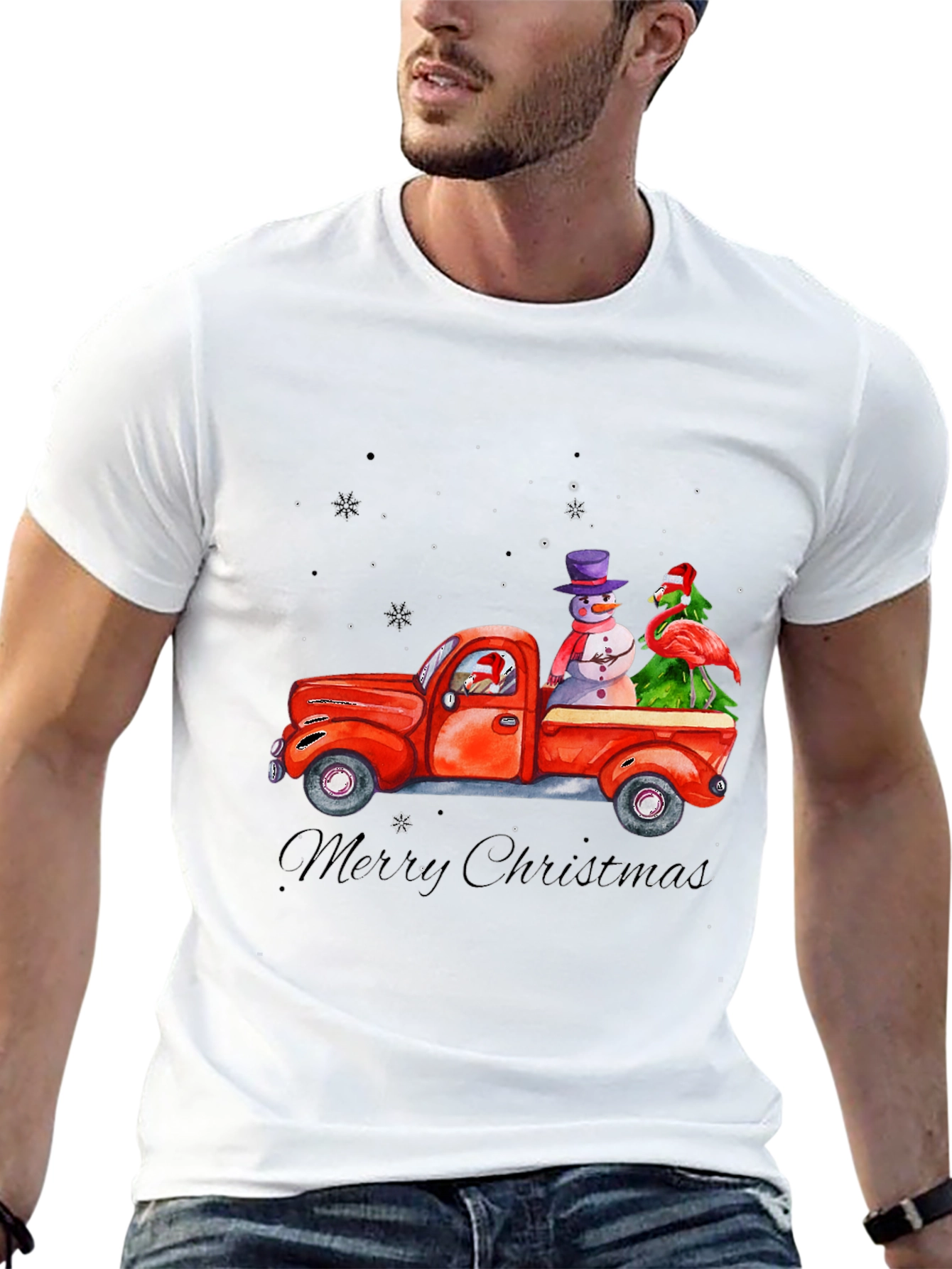 Black Christmas Truck T-Shirt with Snowman & Flamingo view 13