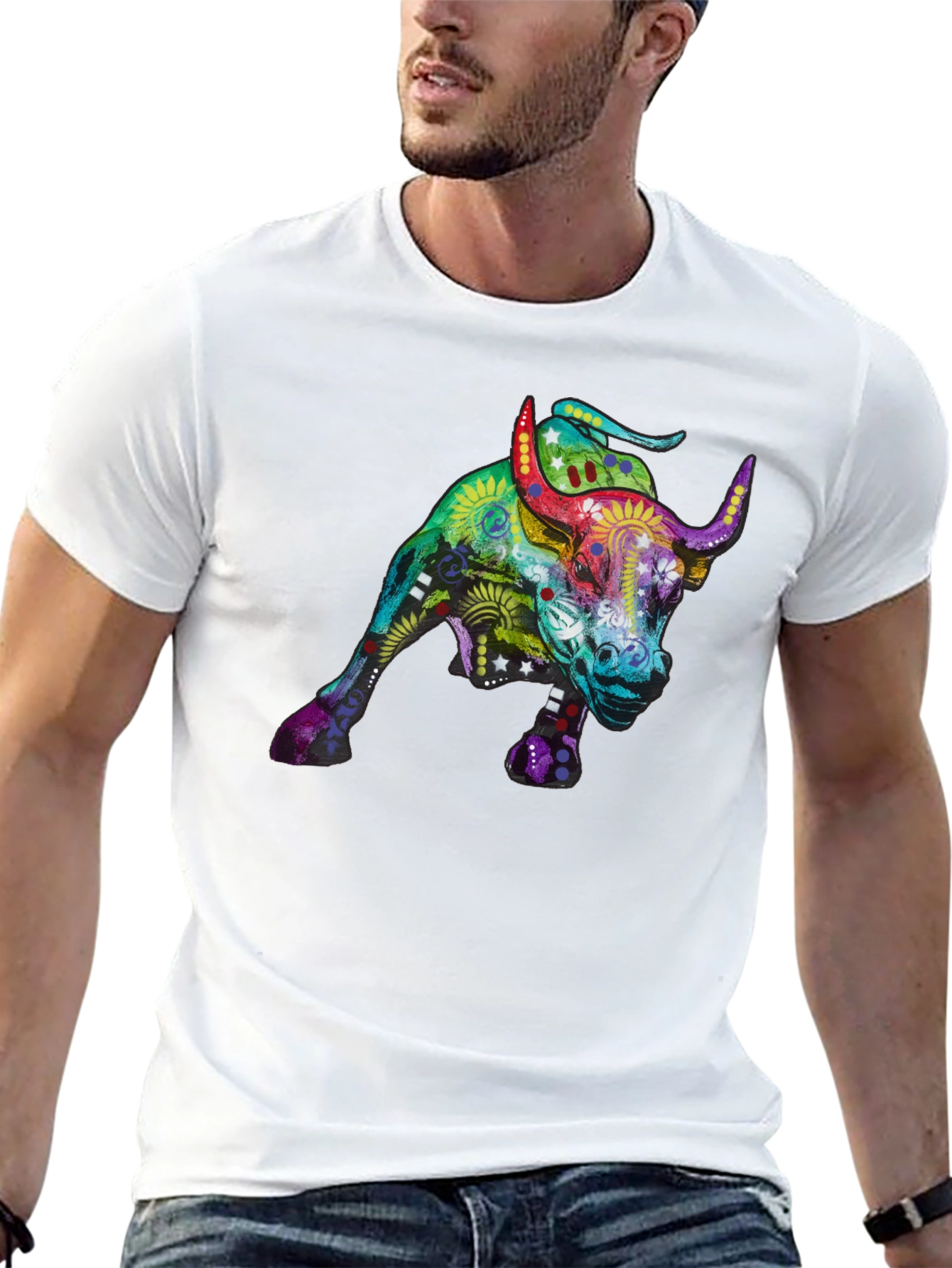 Black Colorful Bull Graphic Print Black T-Shirt view 13