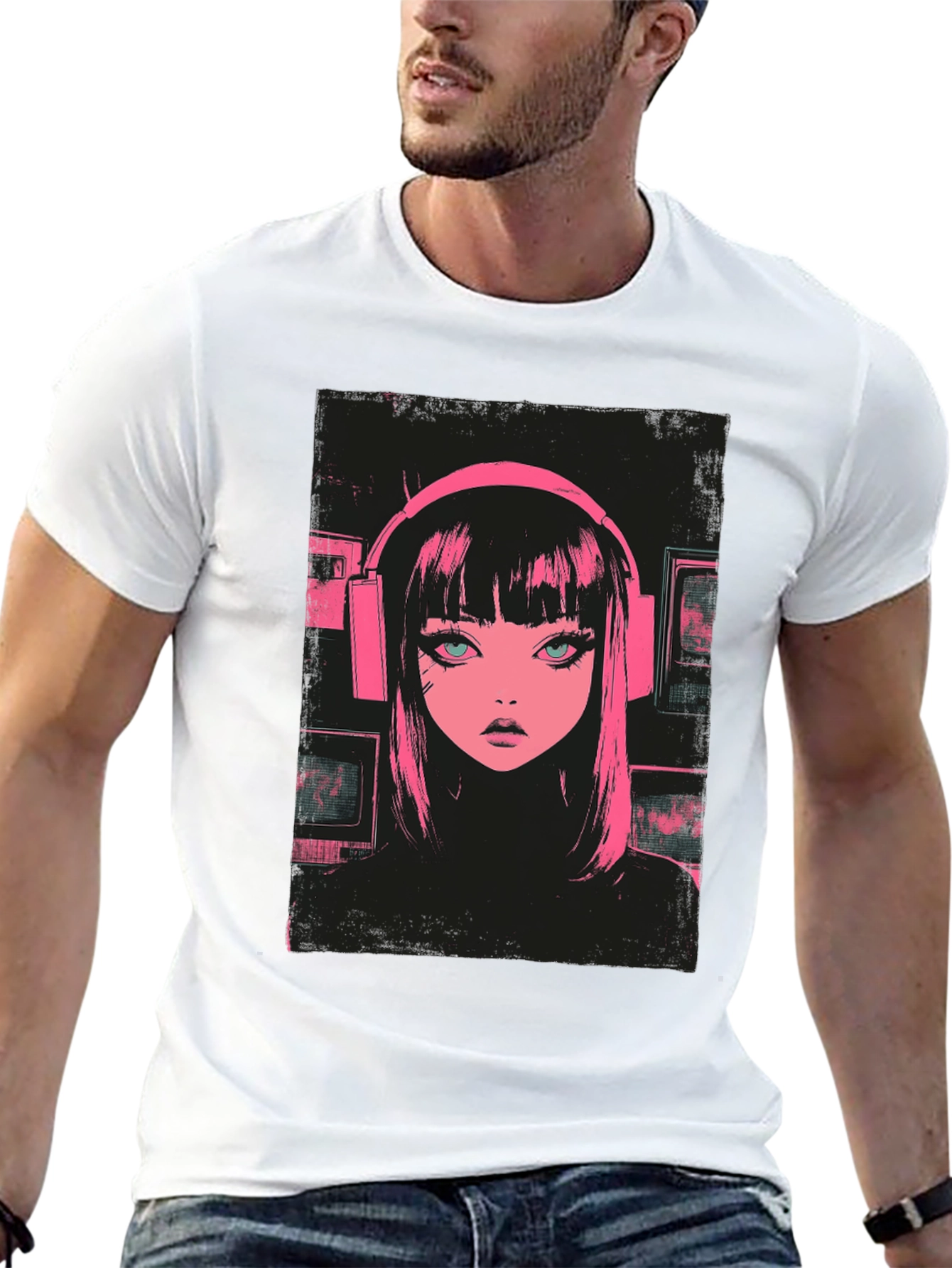 Black Anime Girl Pink Headphones Black T-Shirt view 13